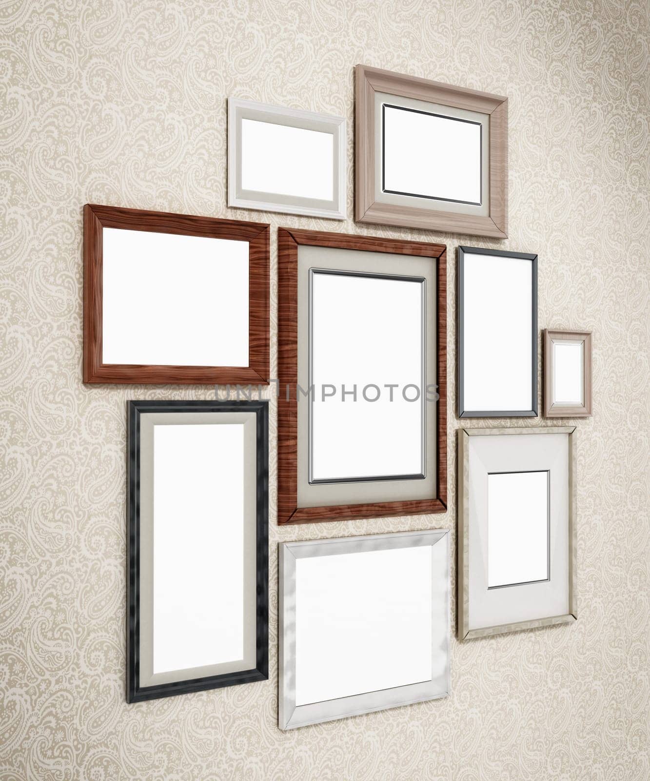 Picture frames arranged on the wall. 3D dimensional.