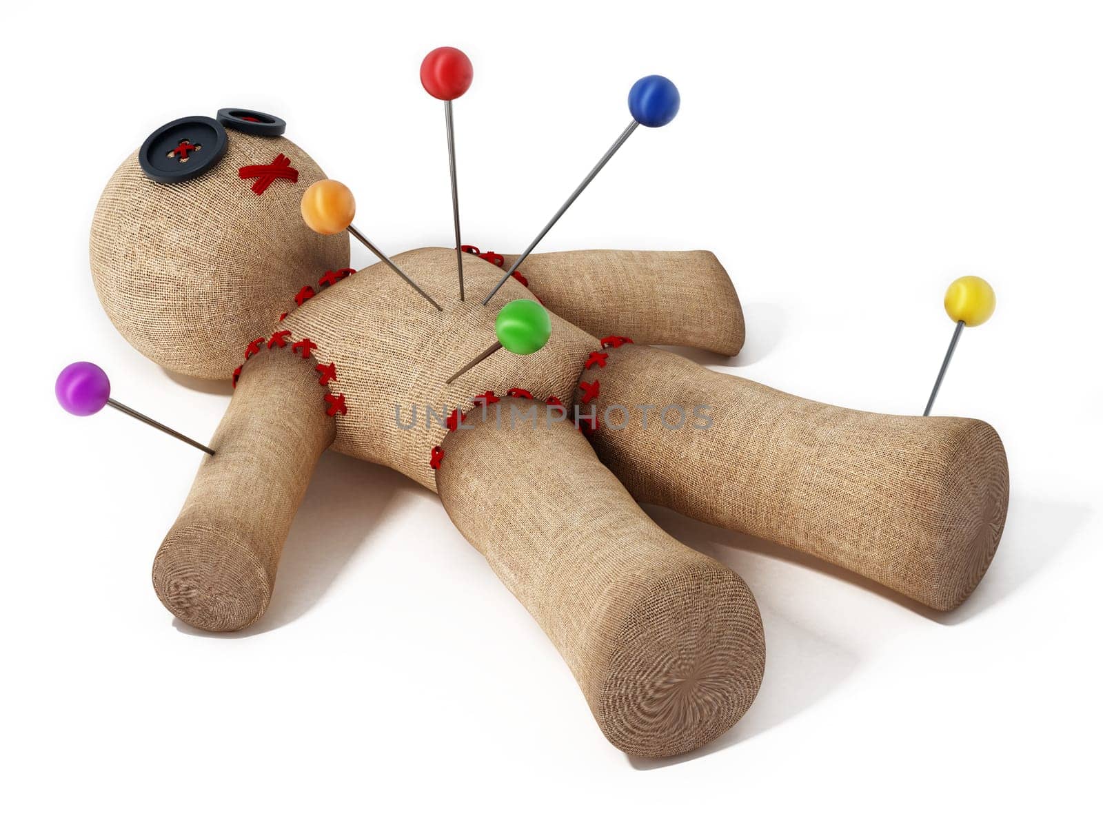 Voodoo doll with needles isolated on white background..