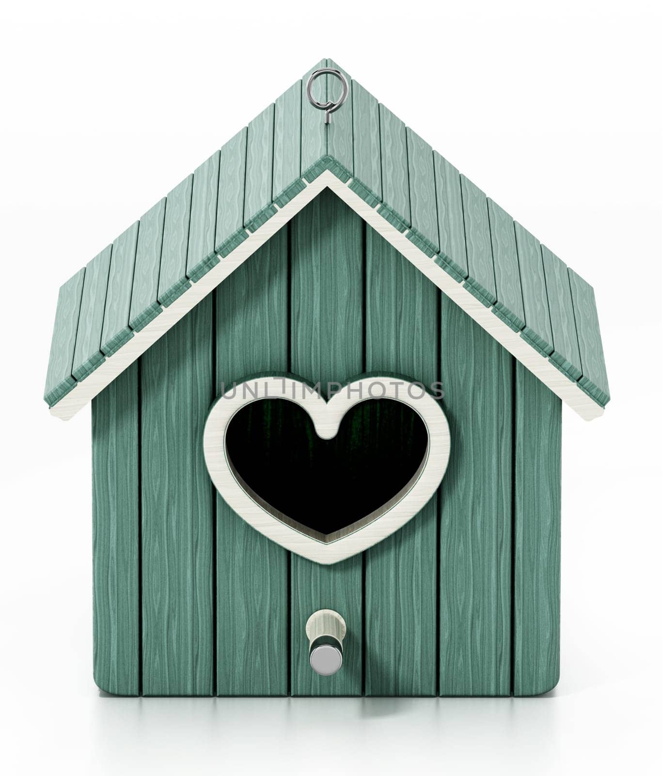 Bird house with heart shaped door. 3D illustration.