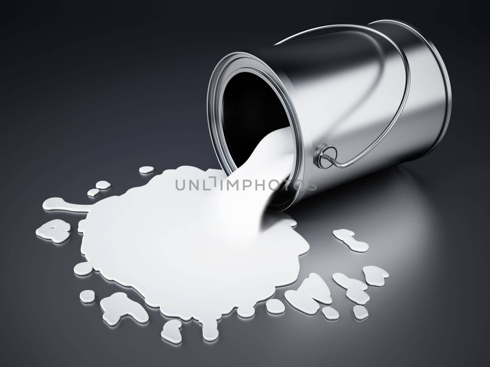 Open metal paint can with spilled white paint.. 3D illustration.