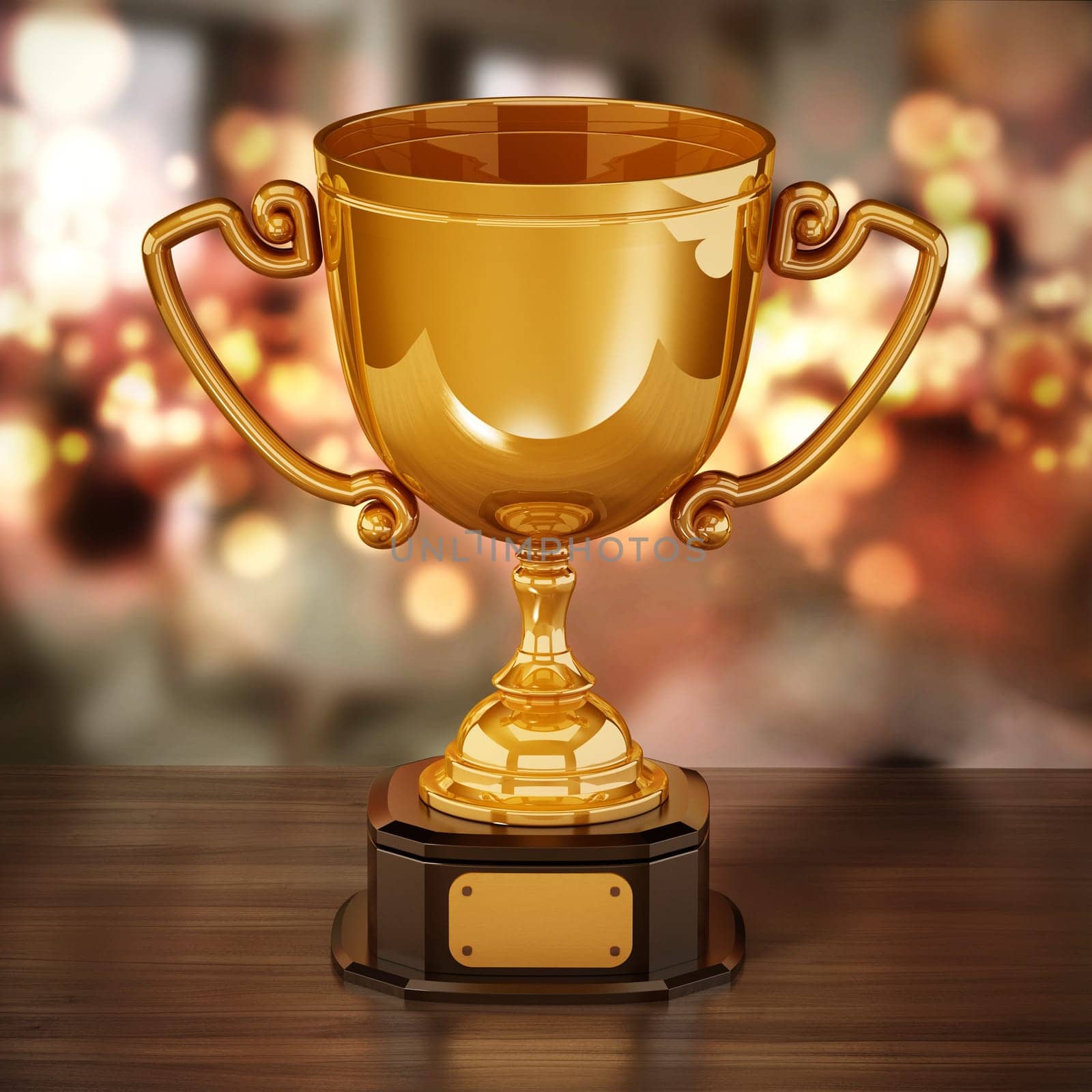Gold cup standing on wooden table against bokeh background. 3D illustration.