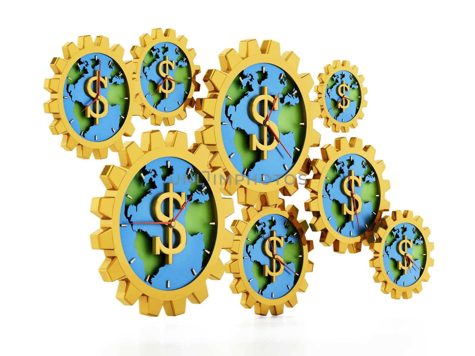 Gear shaped clocks with dollar sign. Earth map at the center. 3D illustration.