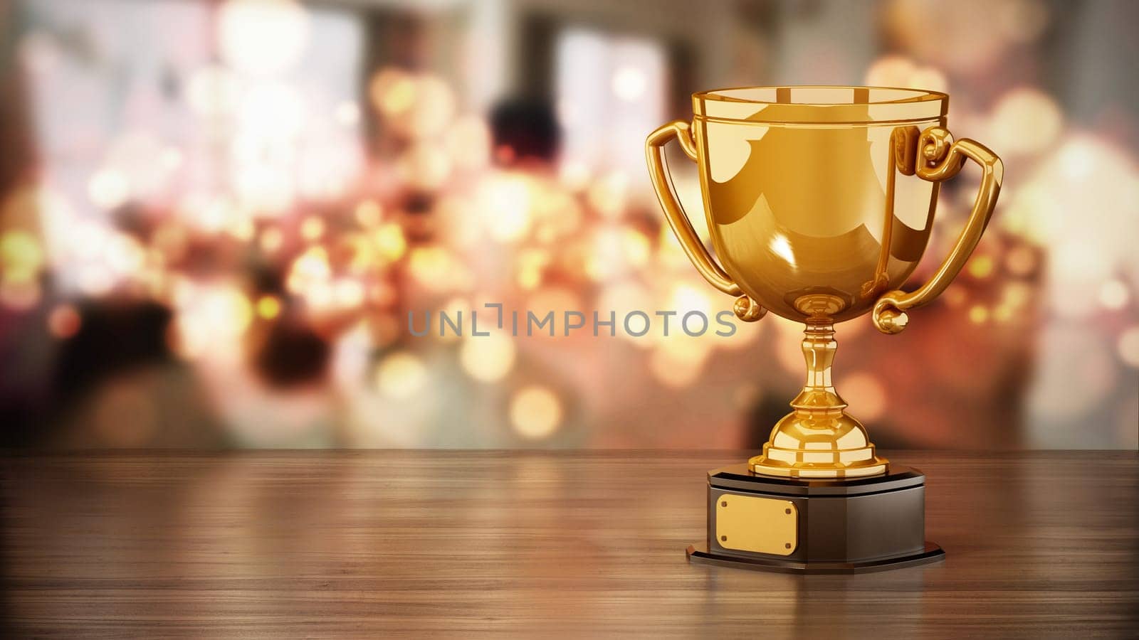 Gold cup standing on wooden table against bokeh background. 3D illustration.