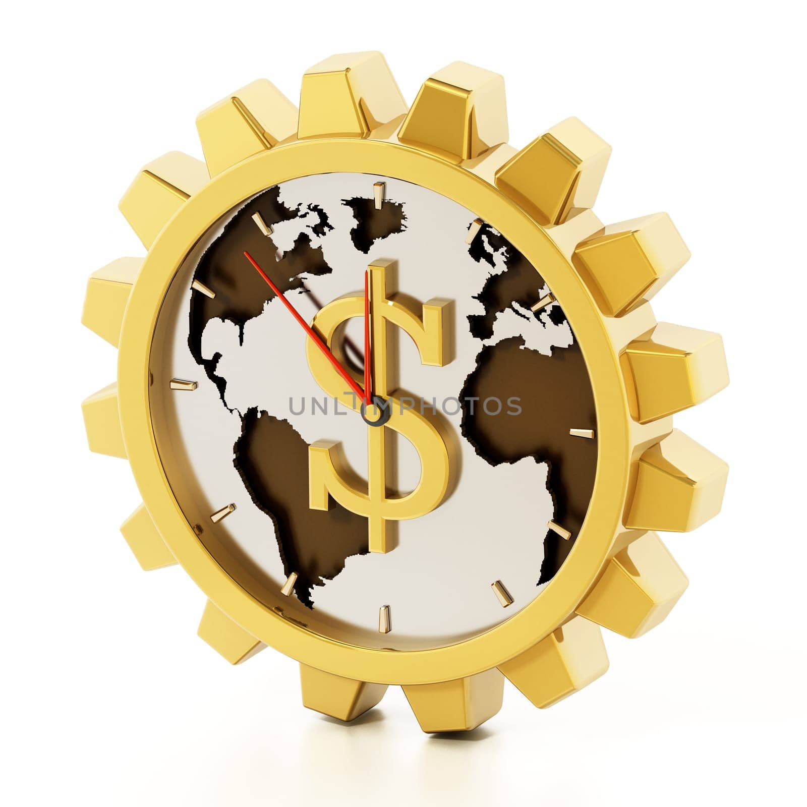 Gear shaped clock with dollar sign. Earth map at the center. 3D illustration.