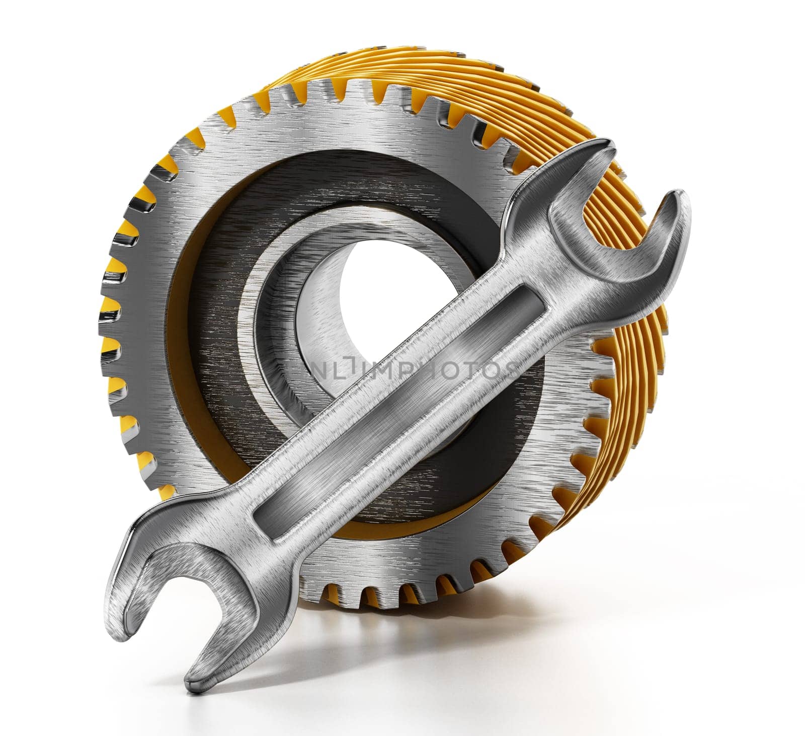 Cogwheel and wrench isolated on white background. 3D illustration.