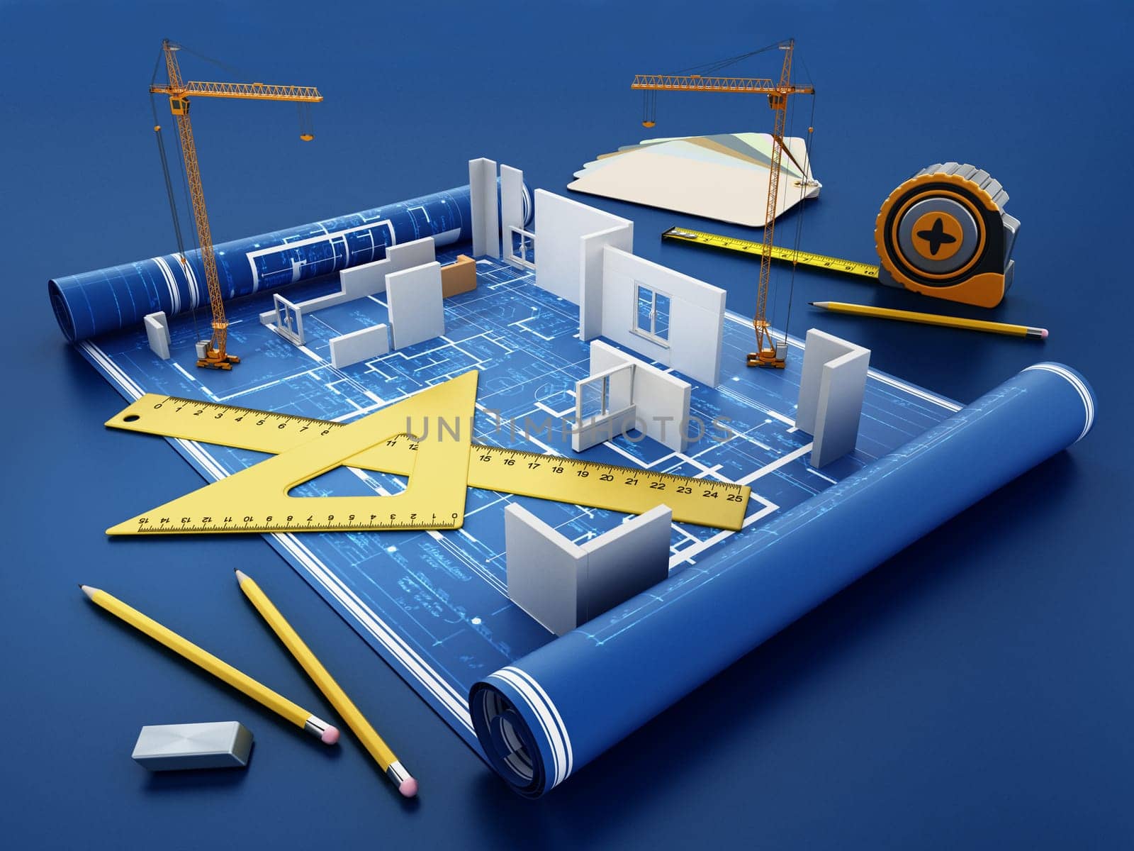 House construction project. 3D illustration.