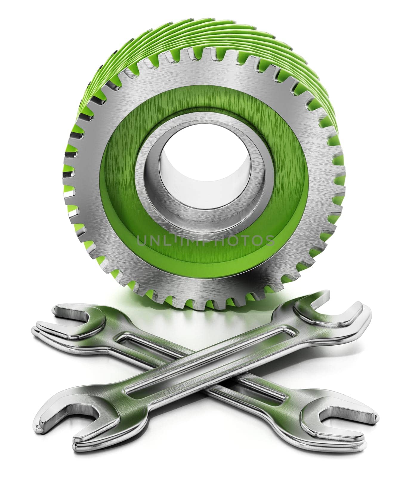 Cogwheel and wrenches isolated on white background. 3D illustration.