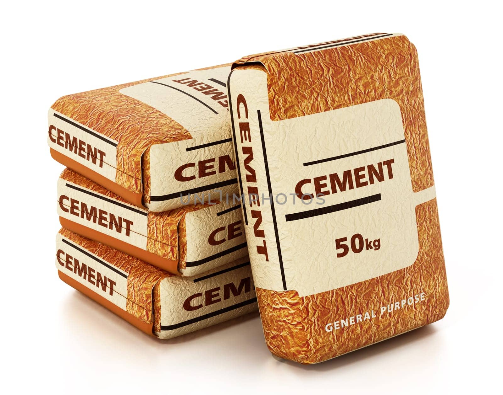 Cement bags with generic package design isolated on white background. 3D illustration.