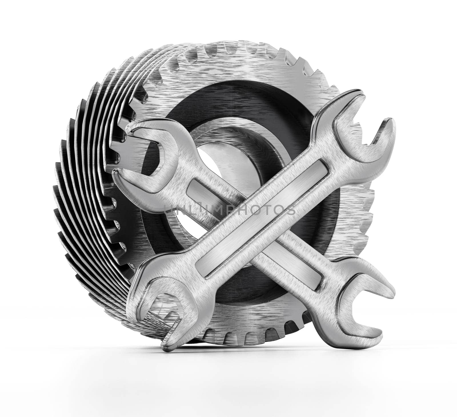 Cogwheel and wrenches isolated on white background. 3D illustration.