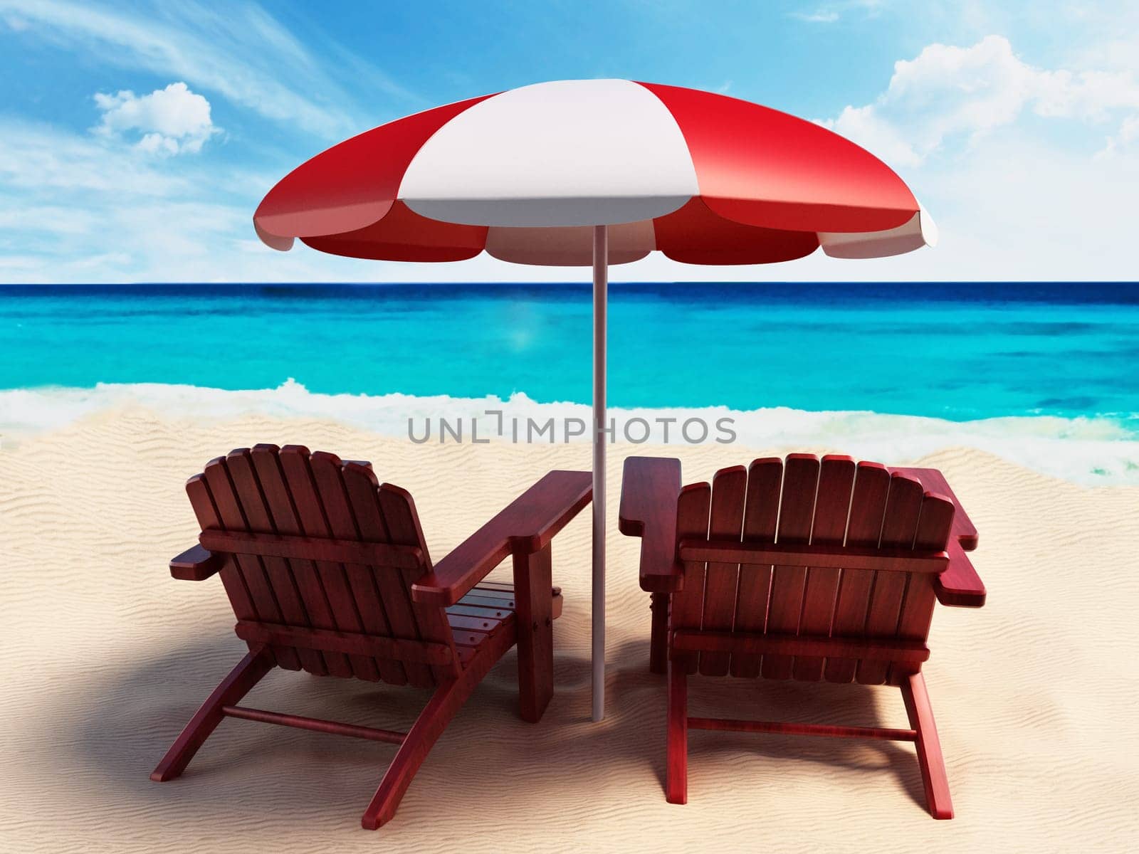 Umbrella and two sunbeds standing on the beach by the seashore. 3D illustration.