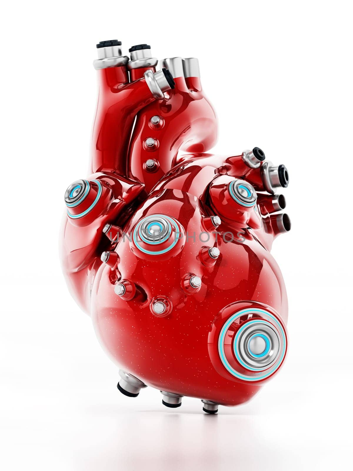 Artificial mechanic red heart isolated on white. 3D illustration.