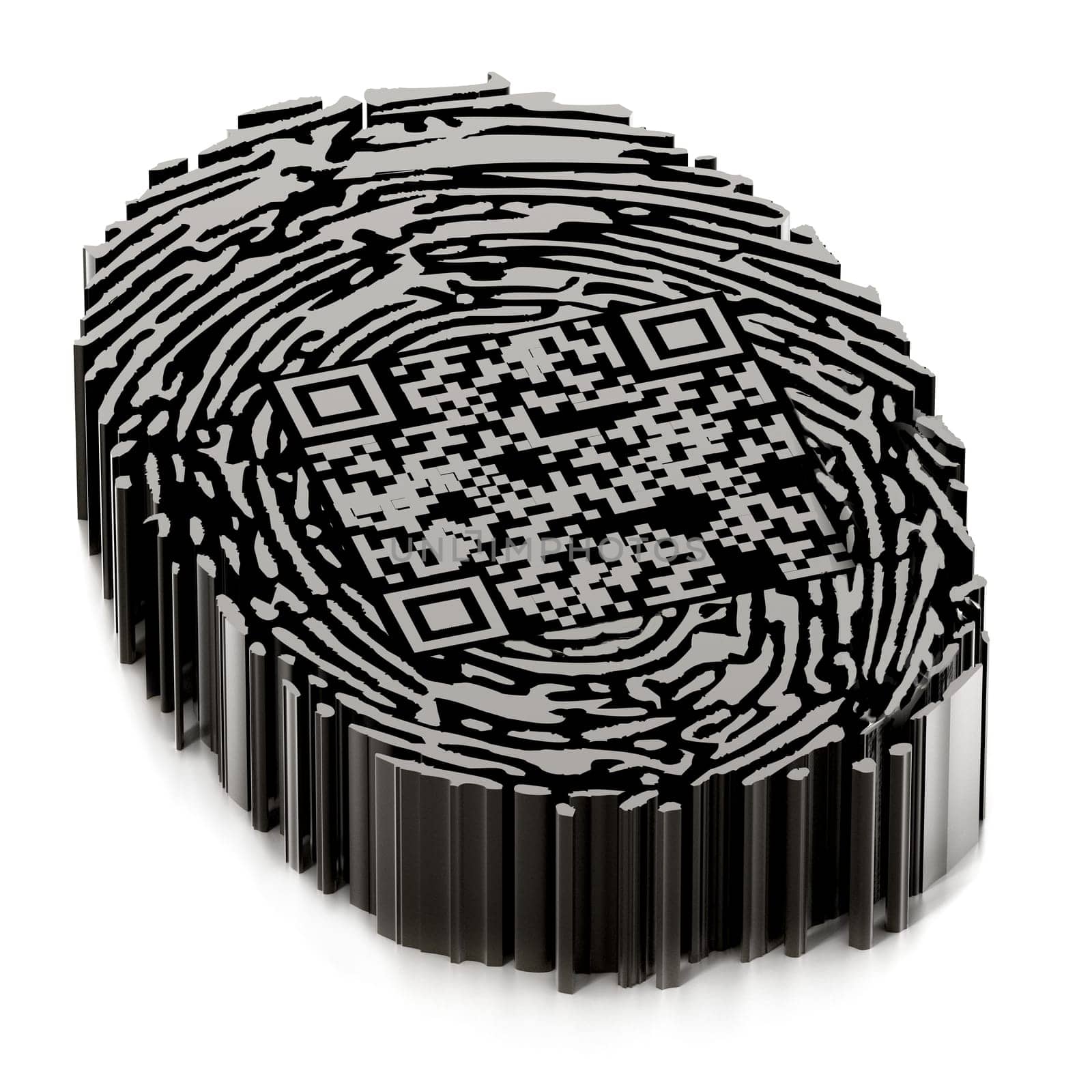 Generic QR code inside fingerprint. 3D illustration.