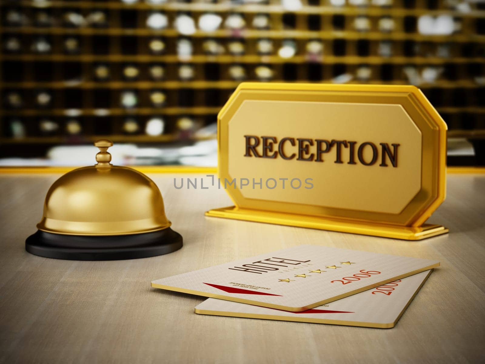 Hotel key card, bell and reception sign on hotel front desk. 3D illustration.