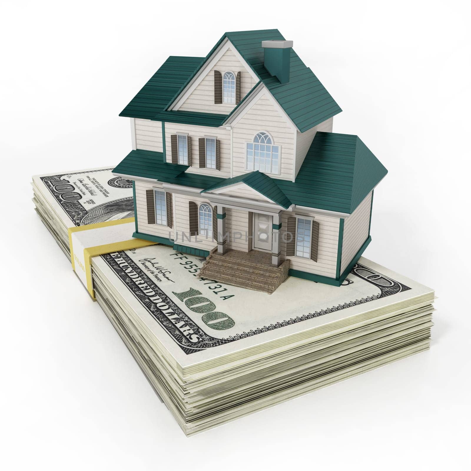 House standing on lots of 100 dollar bills. 3D illustration.