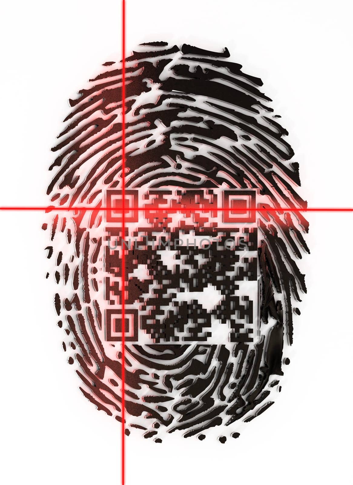 Generic QR code inside fingerprint being scanned. 3D illustration.