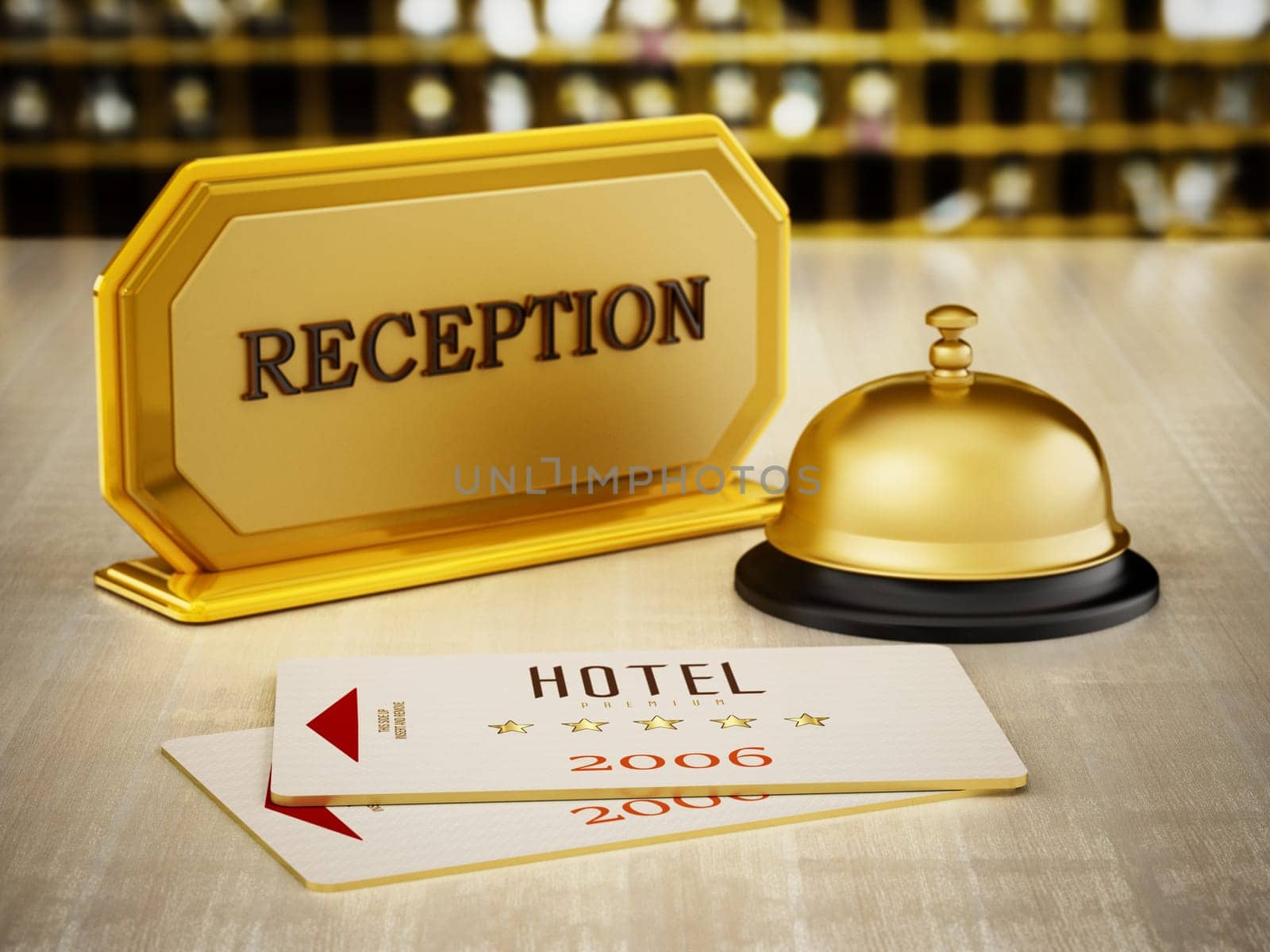Hotel key card, bell and reception sign on hotel front desk. 3D illustration.