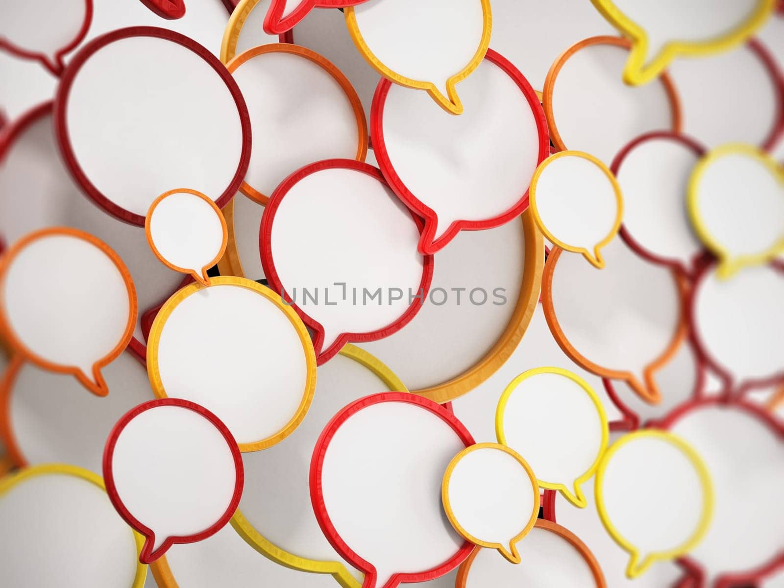 Red, yellow, and orange speech balloons forming a background. 3D illustration.