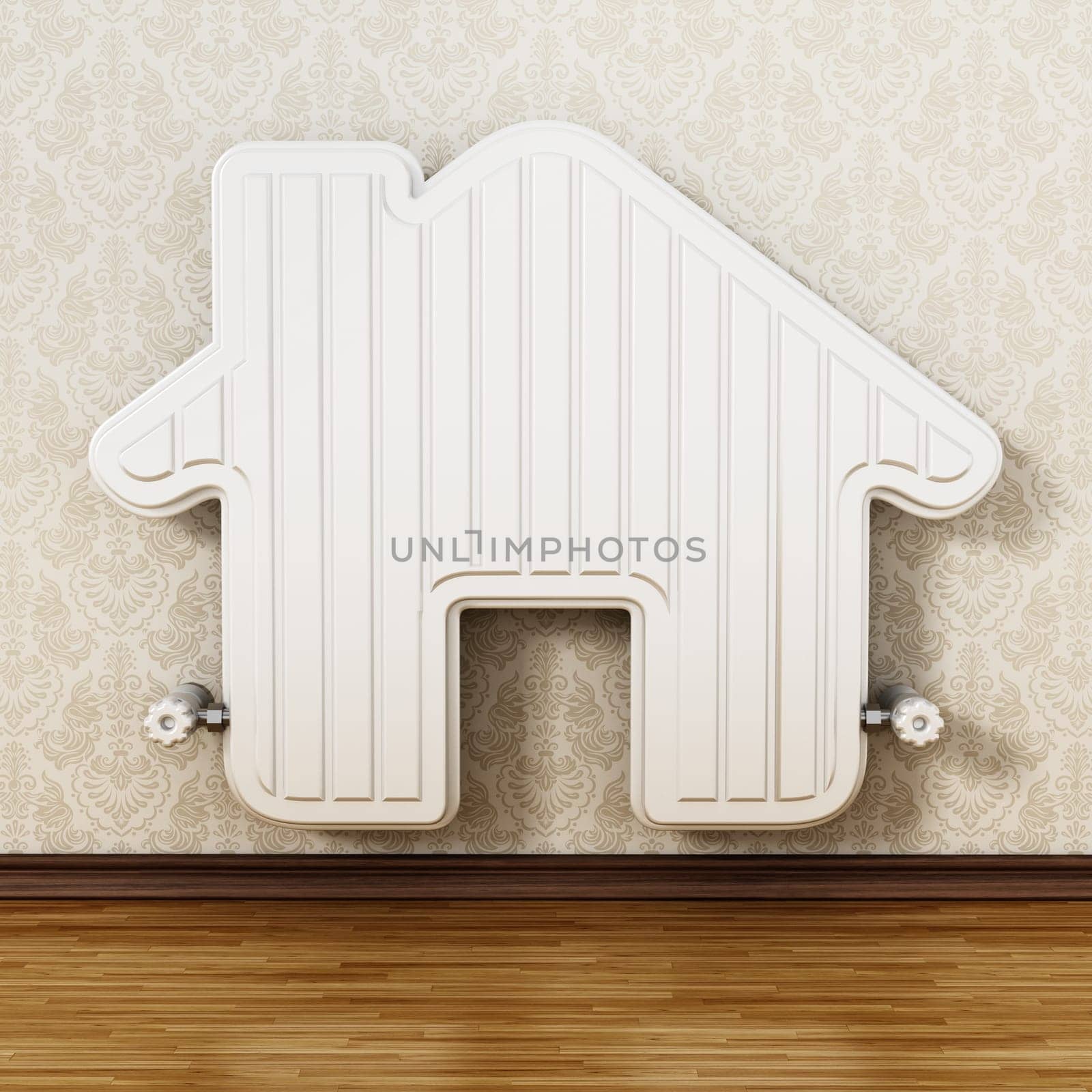 House shaped radiator hanging on the wall. 3D illustration.