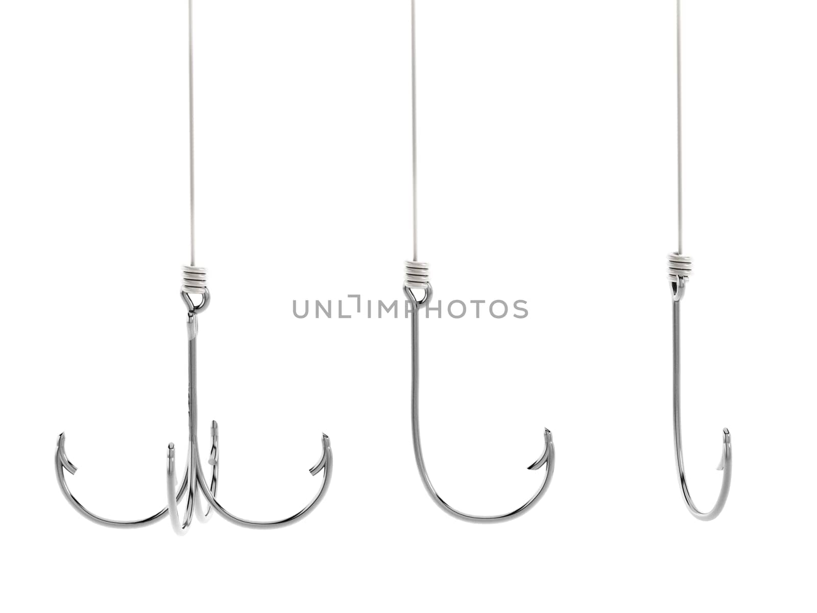 Fishing hooks isolated on white background. 3D illustration.