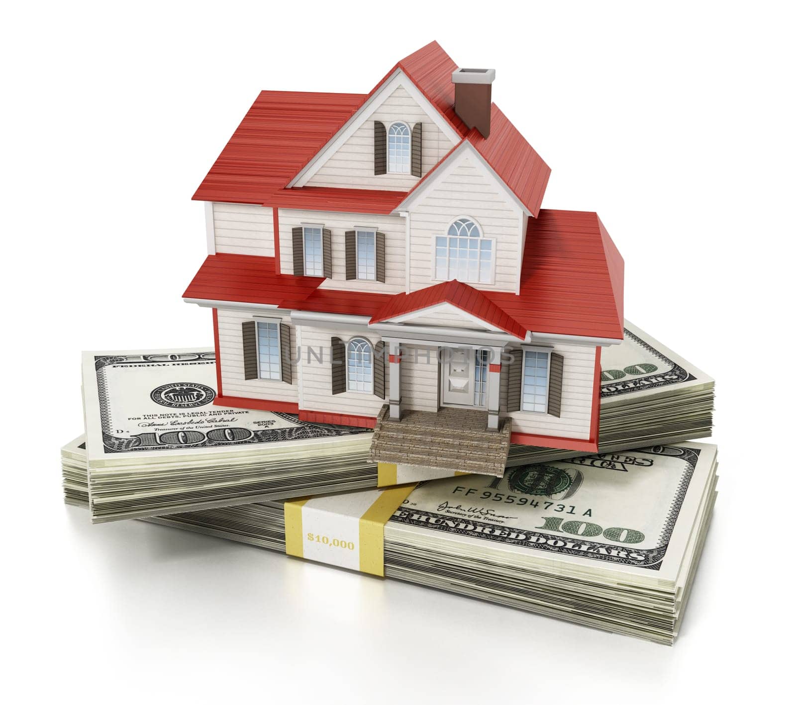 House standing on lots of 100 dollar bills. 3D illustration.