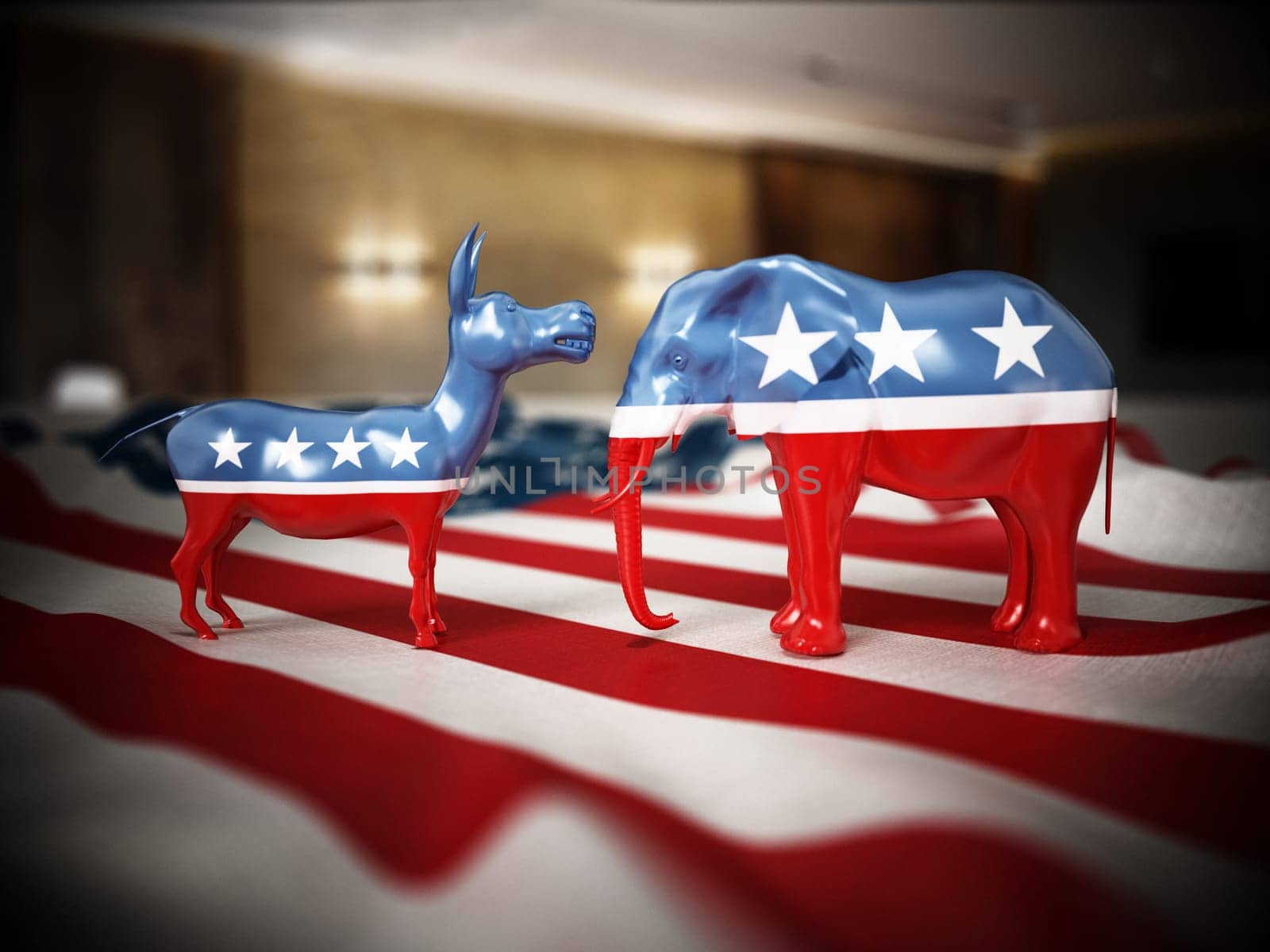 Republican and Democrat party political symbols elephant and donkey on American flag. 3D illustration.