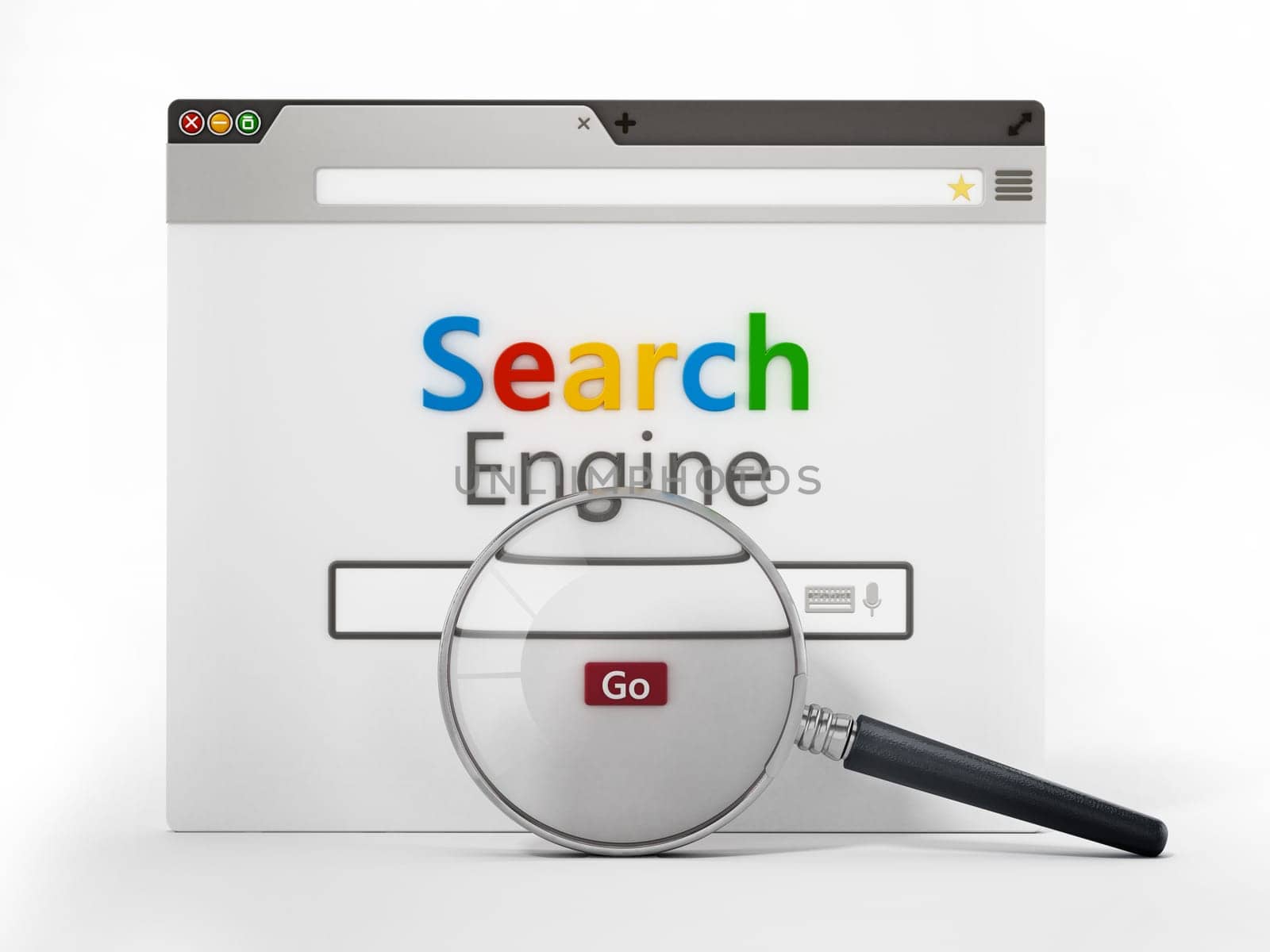 Magnifying glass on fictitious search engine website. 3D illustration.