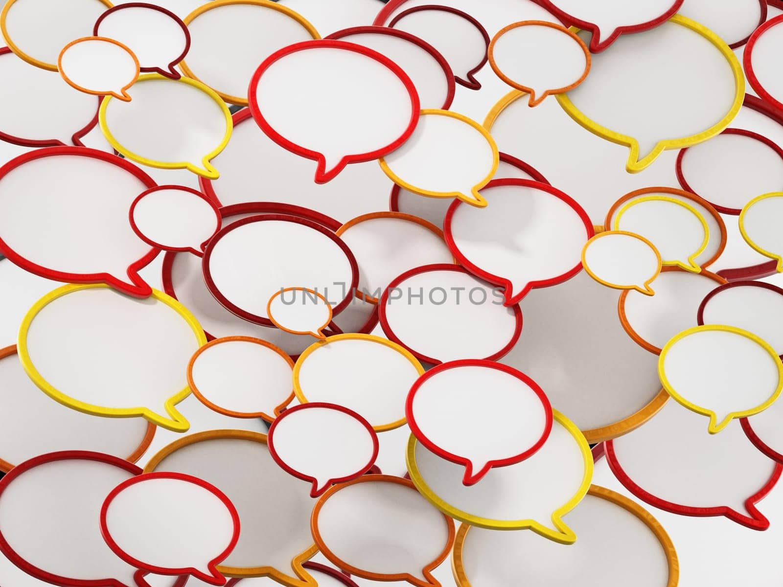 Red, yellow, and orange speech balloons forming a background. 3D illustration.