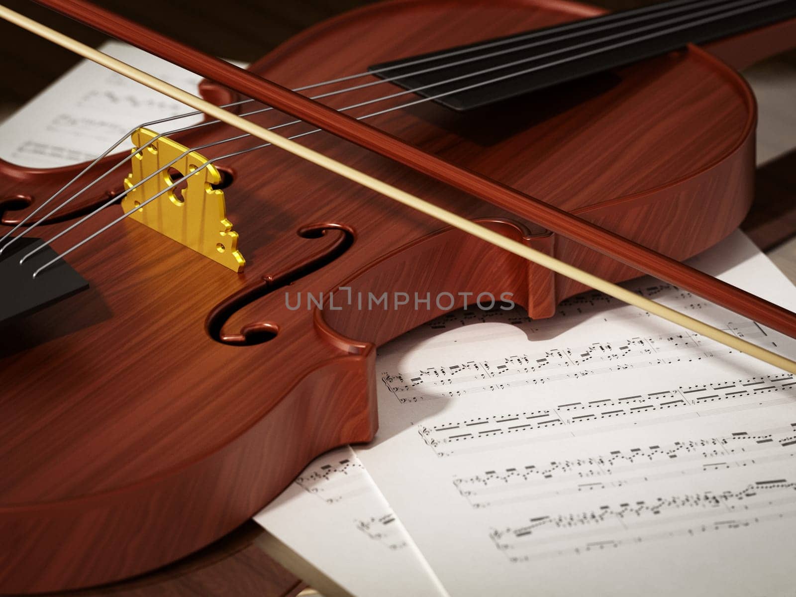 Close up of violin standing on music sheet. 3D illustration.