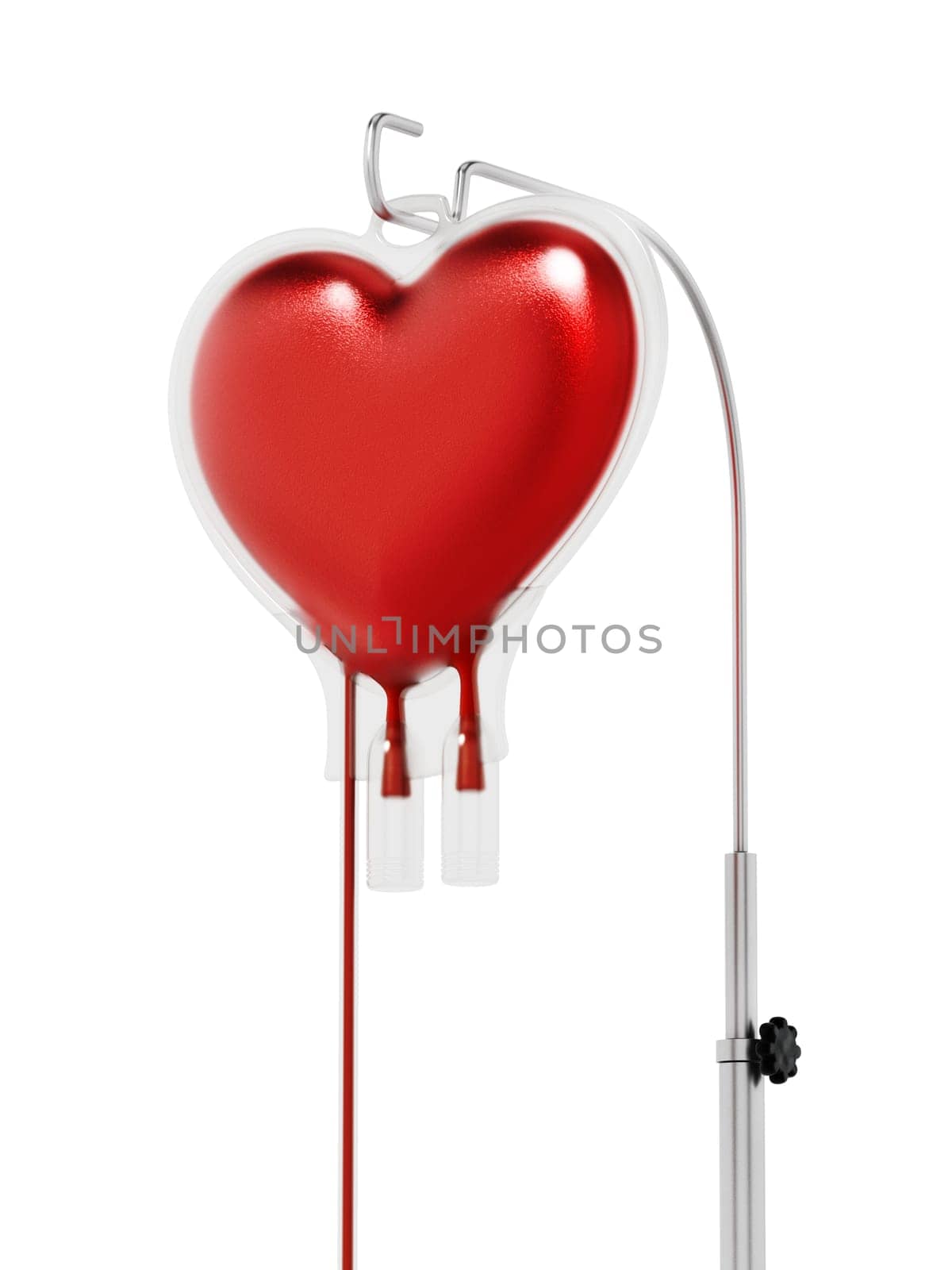 Blood inside heart shaped bag. 3D illustration.
