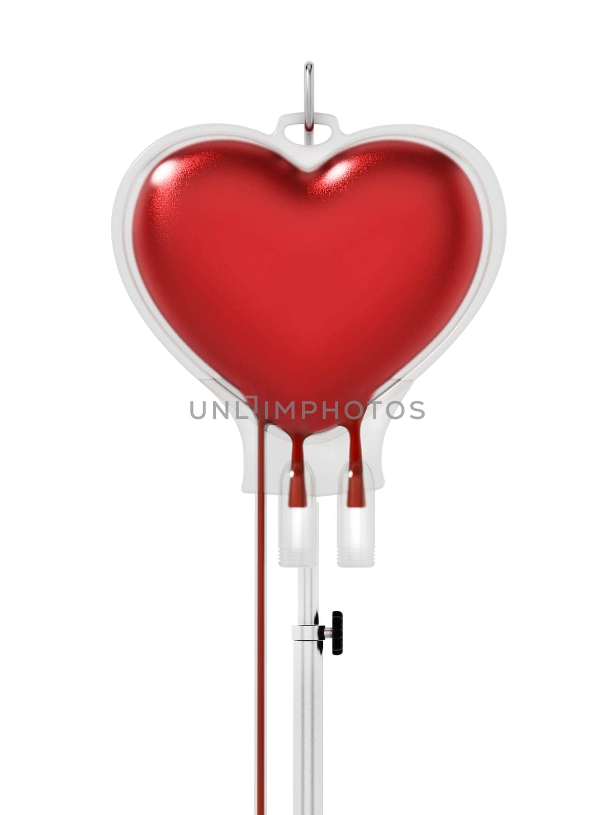 Blood inside heart shaped bag. 3D illustration.
