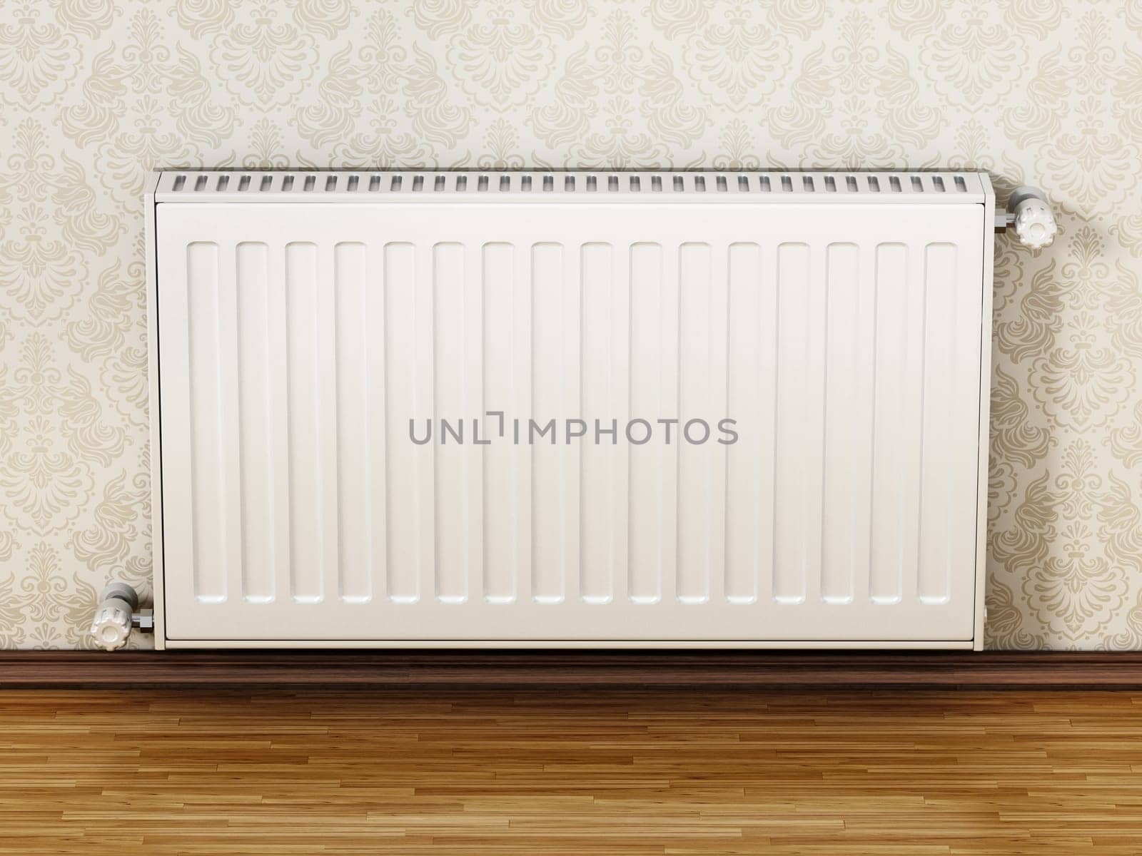 Radiator hanging on the wall. 3D illustration.