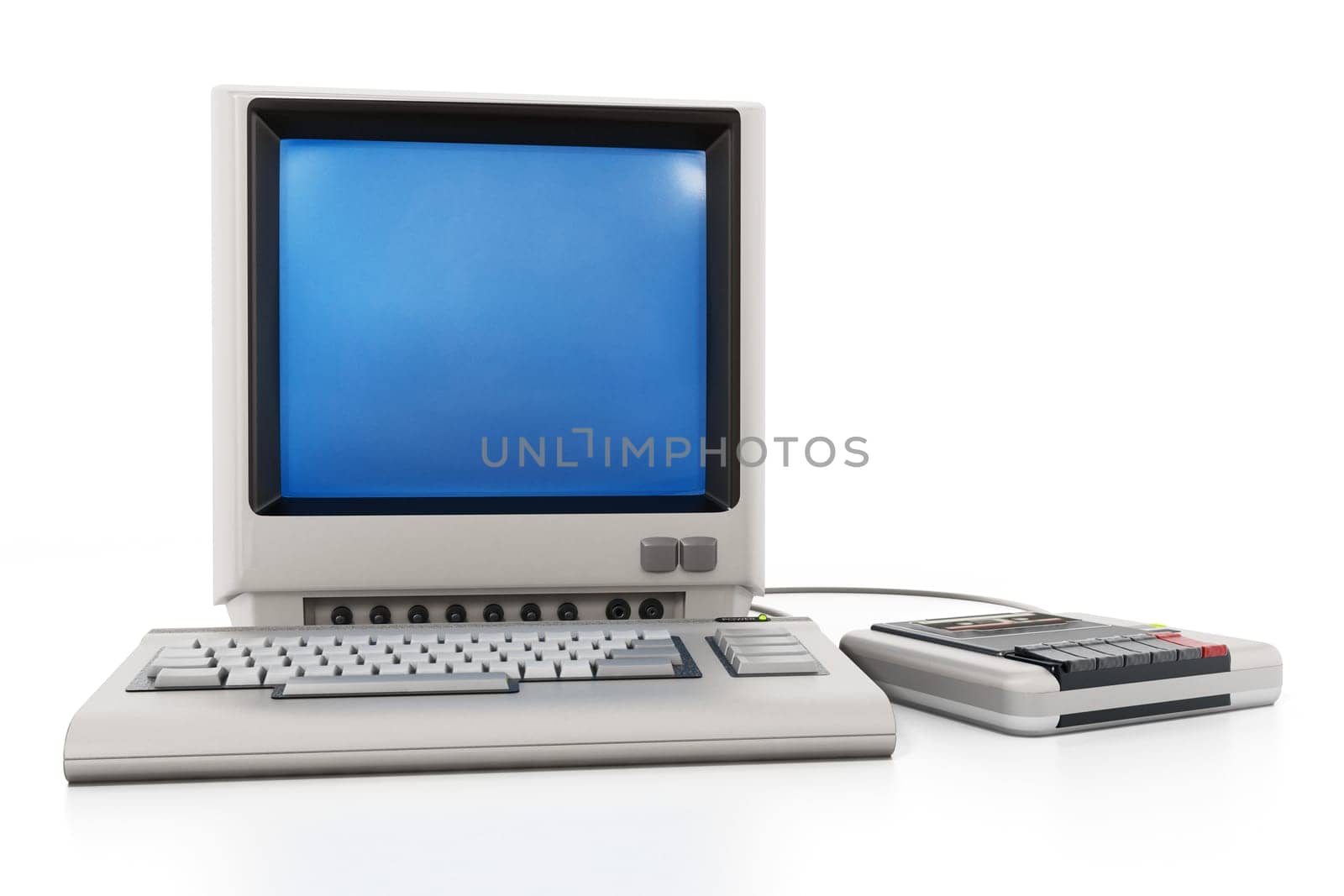 Vintage personal computer with cassette reader. 3D illustration.