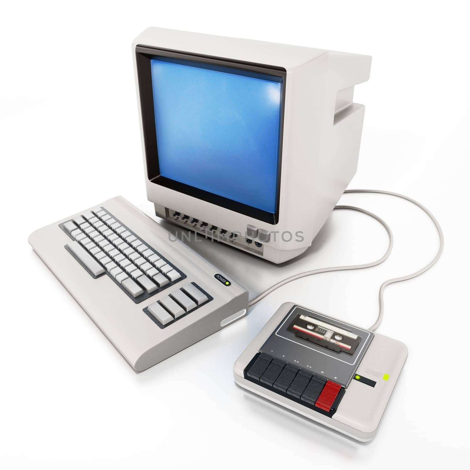 Vintage personal computer with cassette reader. 3D illustration.