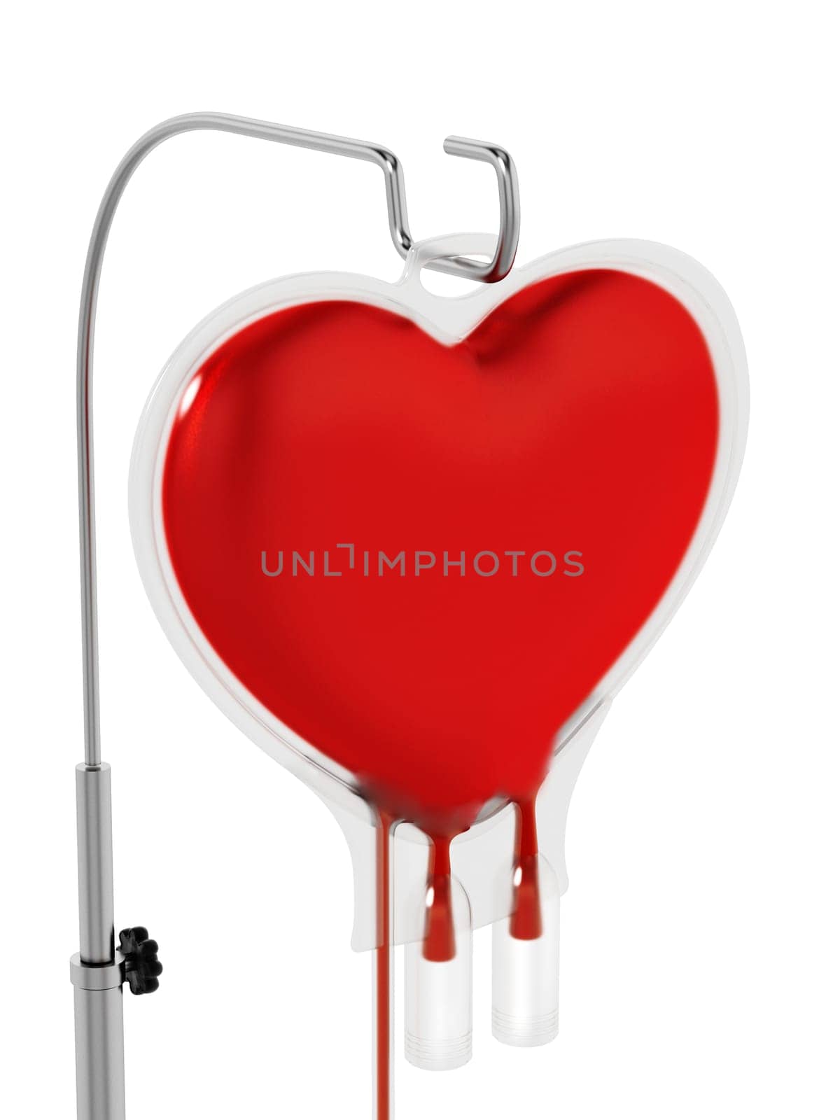 Blood inside heart shaped bag. 3D illustration.