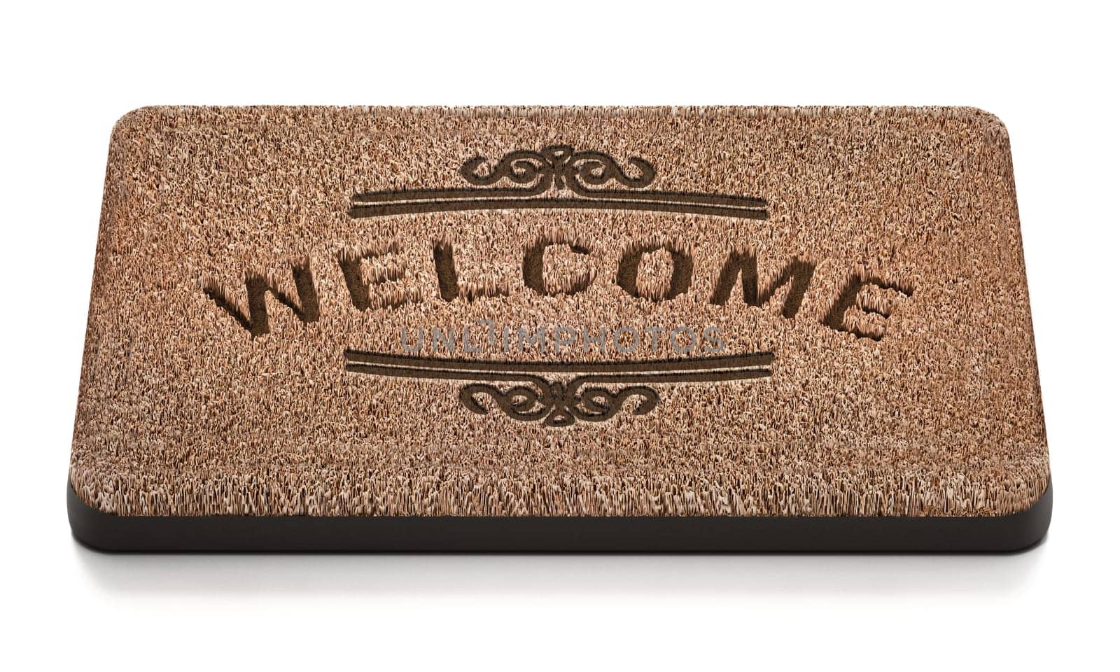 Door mat with welcome text isolated on white background. 3D illustration.