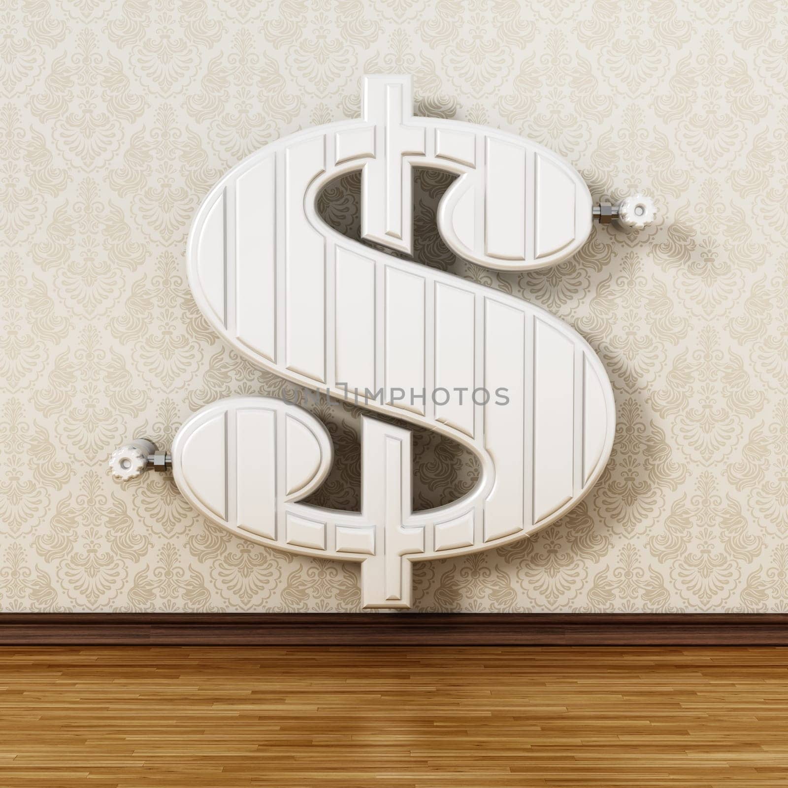 Dollar shaped radiator hanging on the wall. 3D illustration.
