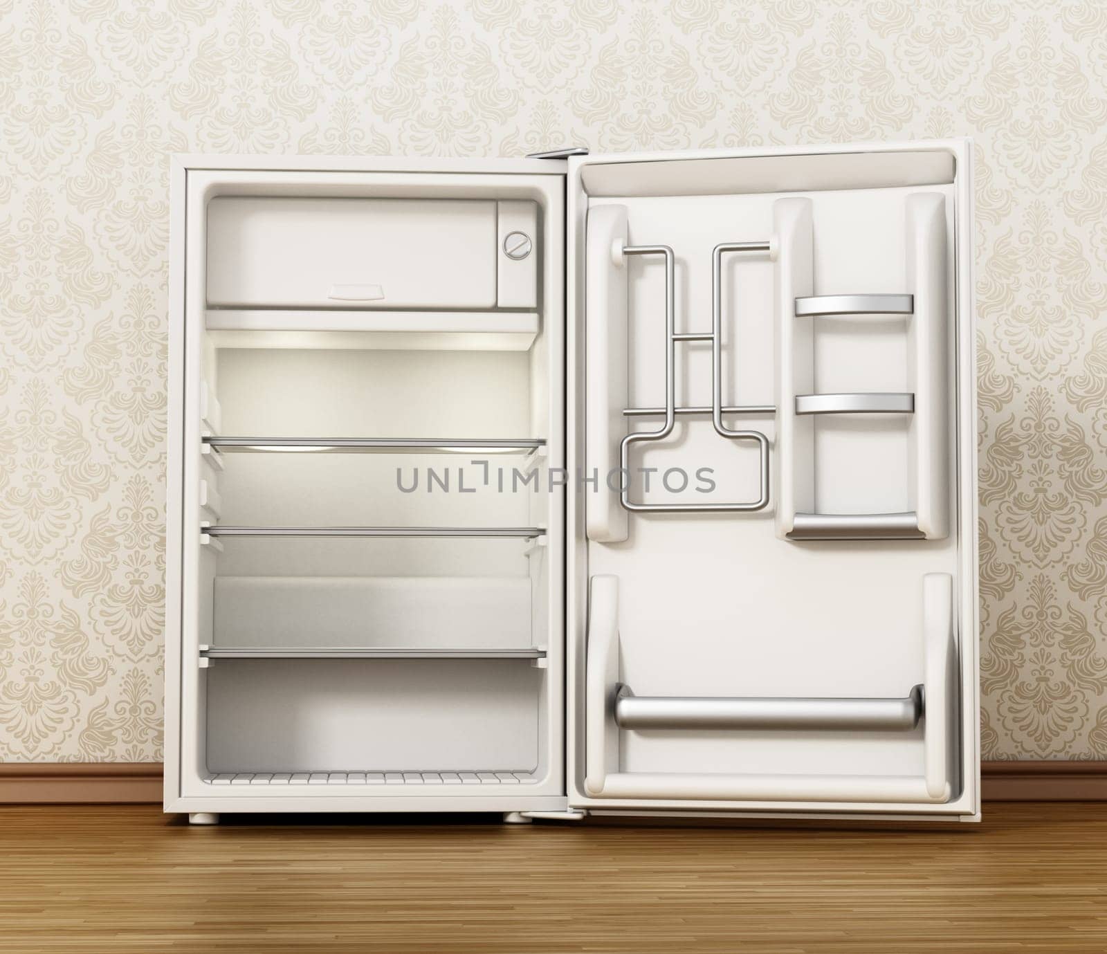 Small size hotel refrigerator standing on parquet floor. 3D illustration.