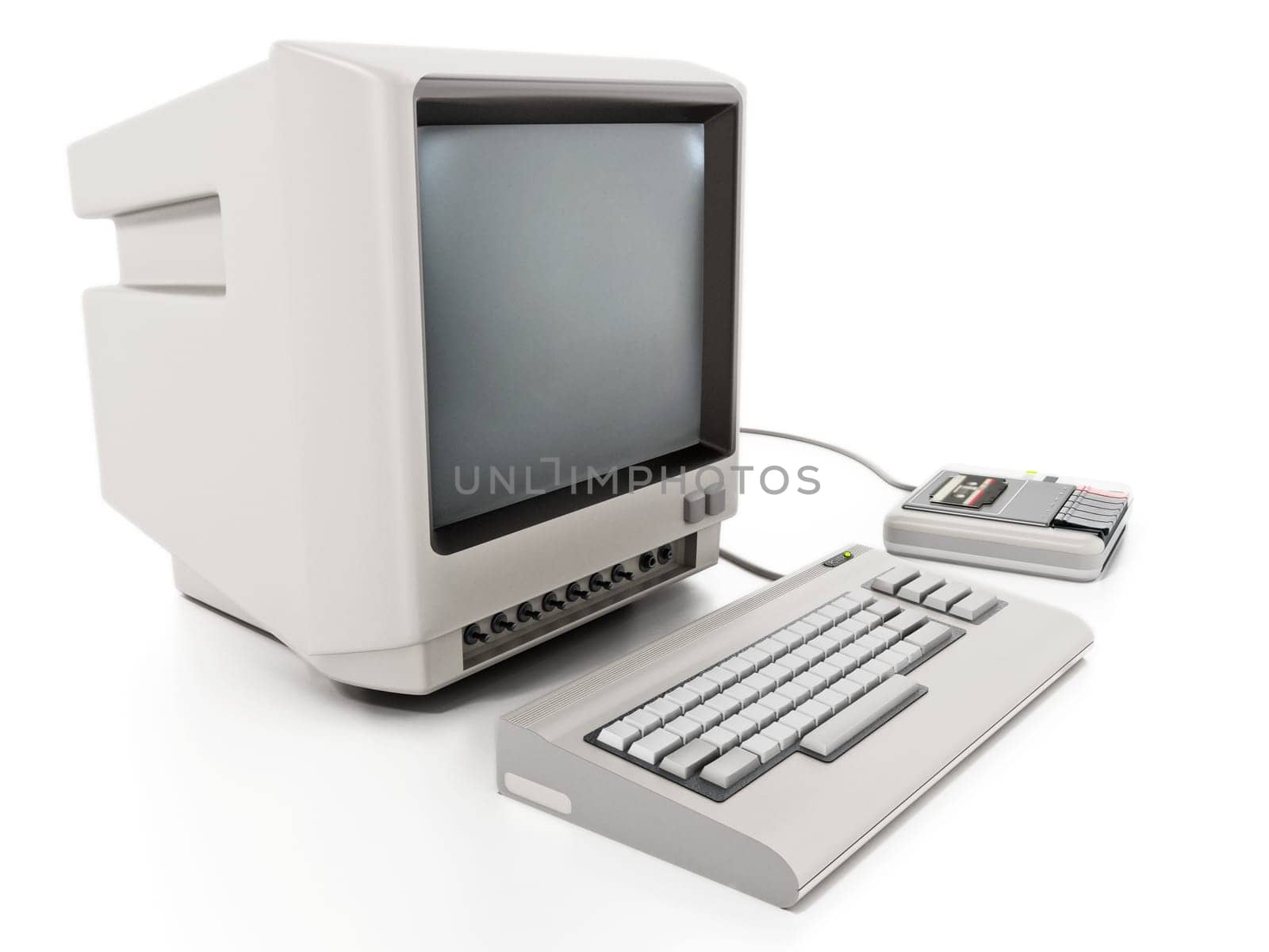 Vintage personal computer with cassette reader. 3D illustration.