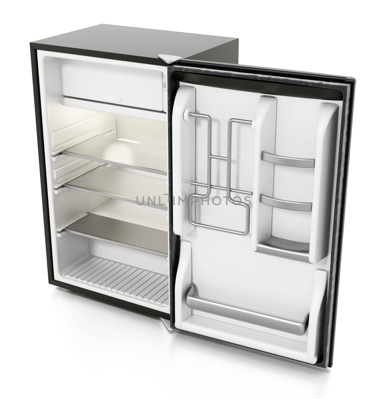 Small size hotel refrigerator isolated on white background. 3D illustration.