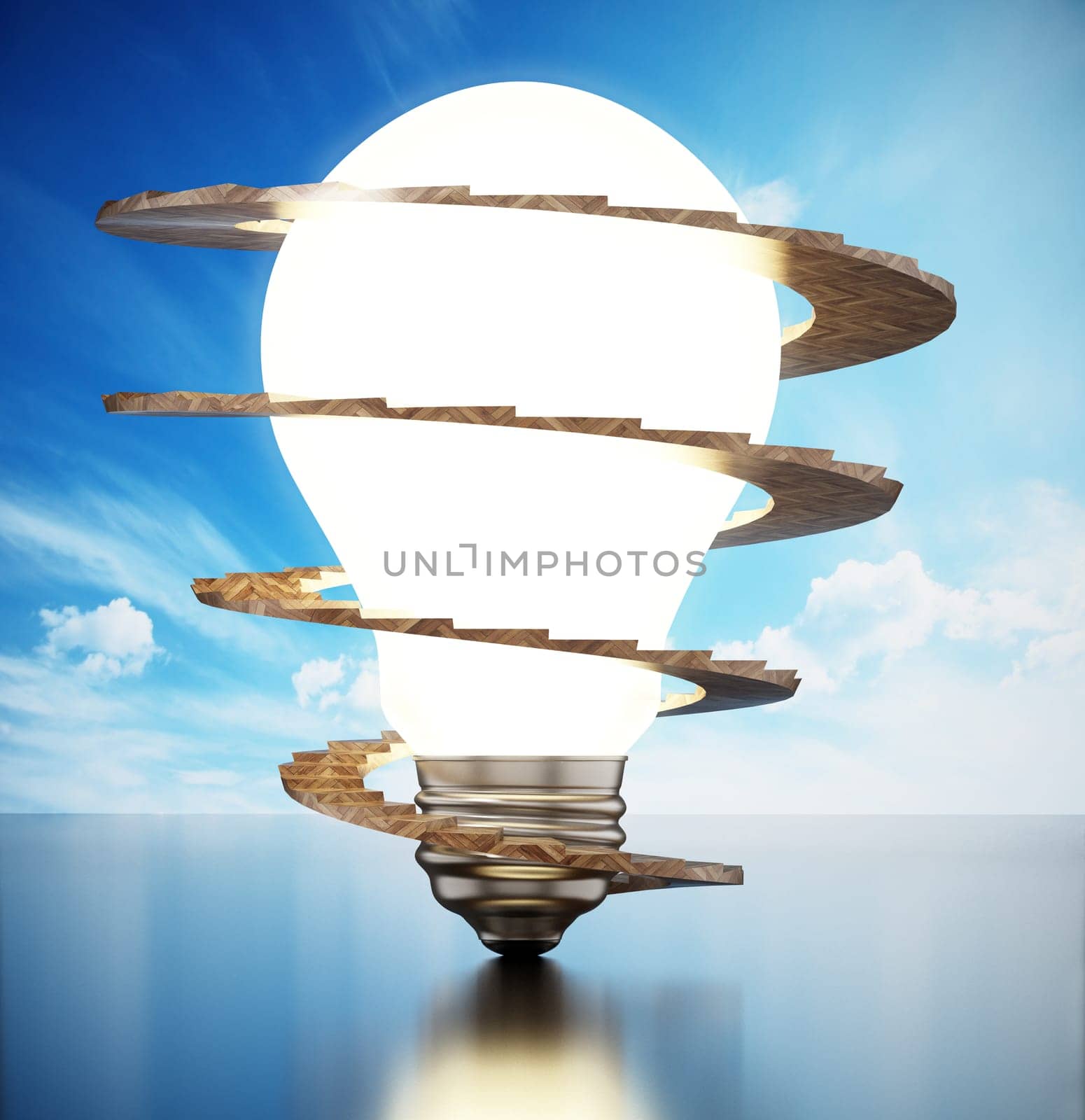 Spiral stairs around lit lightbulb. 3D illustration.