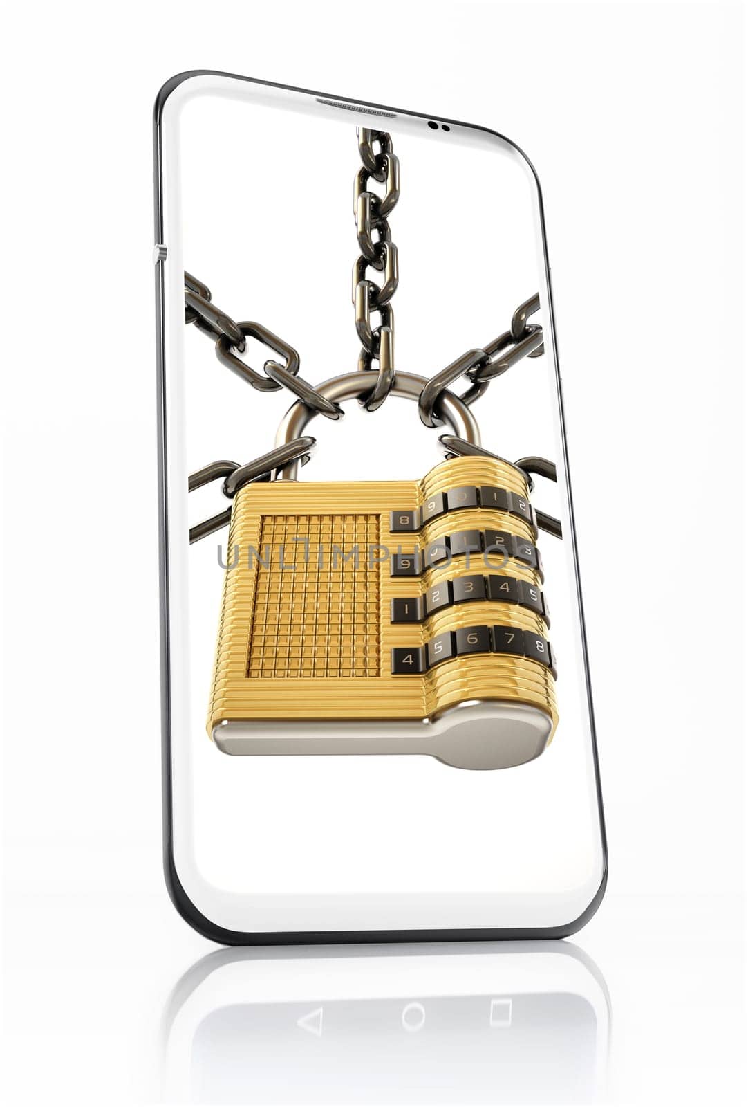 Padlock and chain on smartphone screen. 3D illustration.