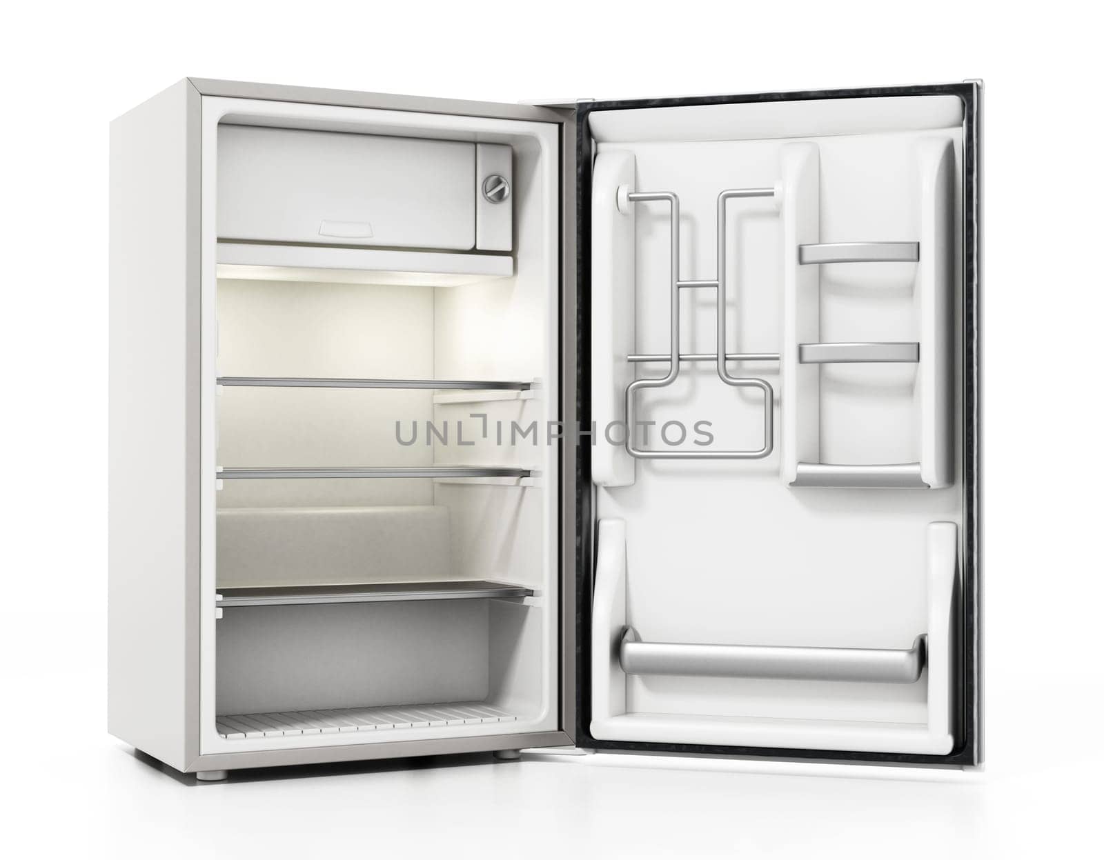 Small size hotel refrigerator isolated on white background. 3D illustration.