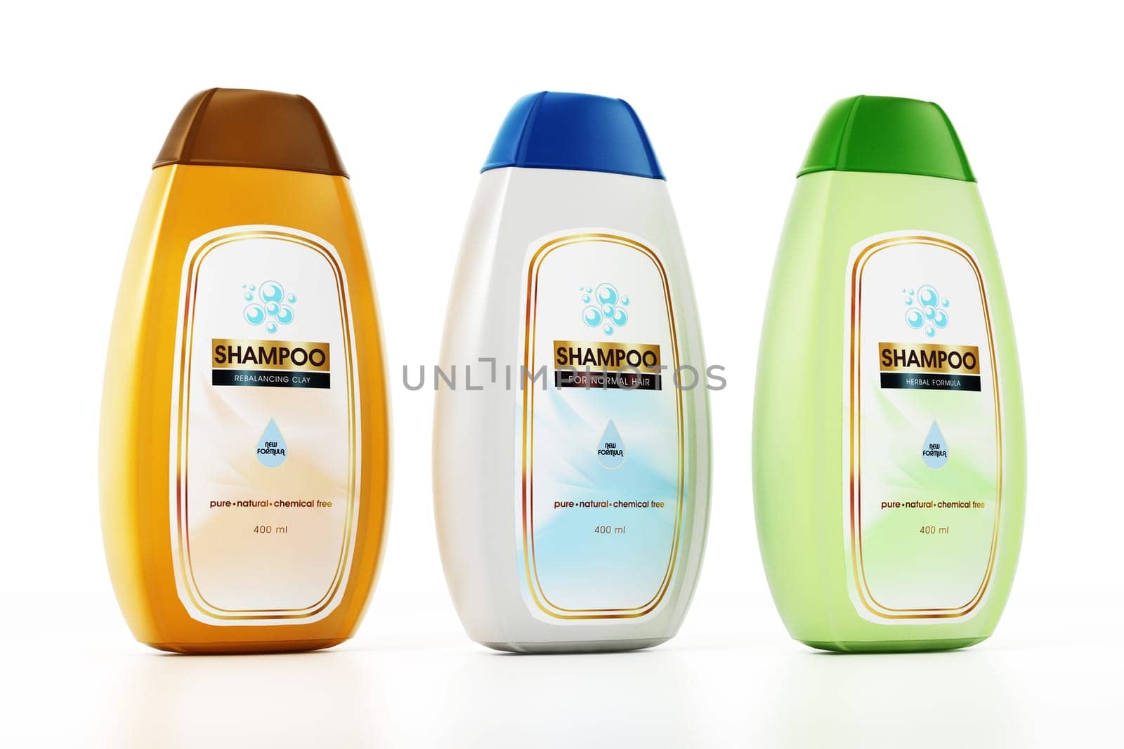 Generic shampoo bottle and label designs isolated on white background. 3D illustration.