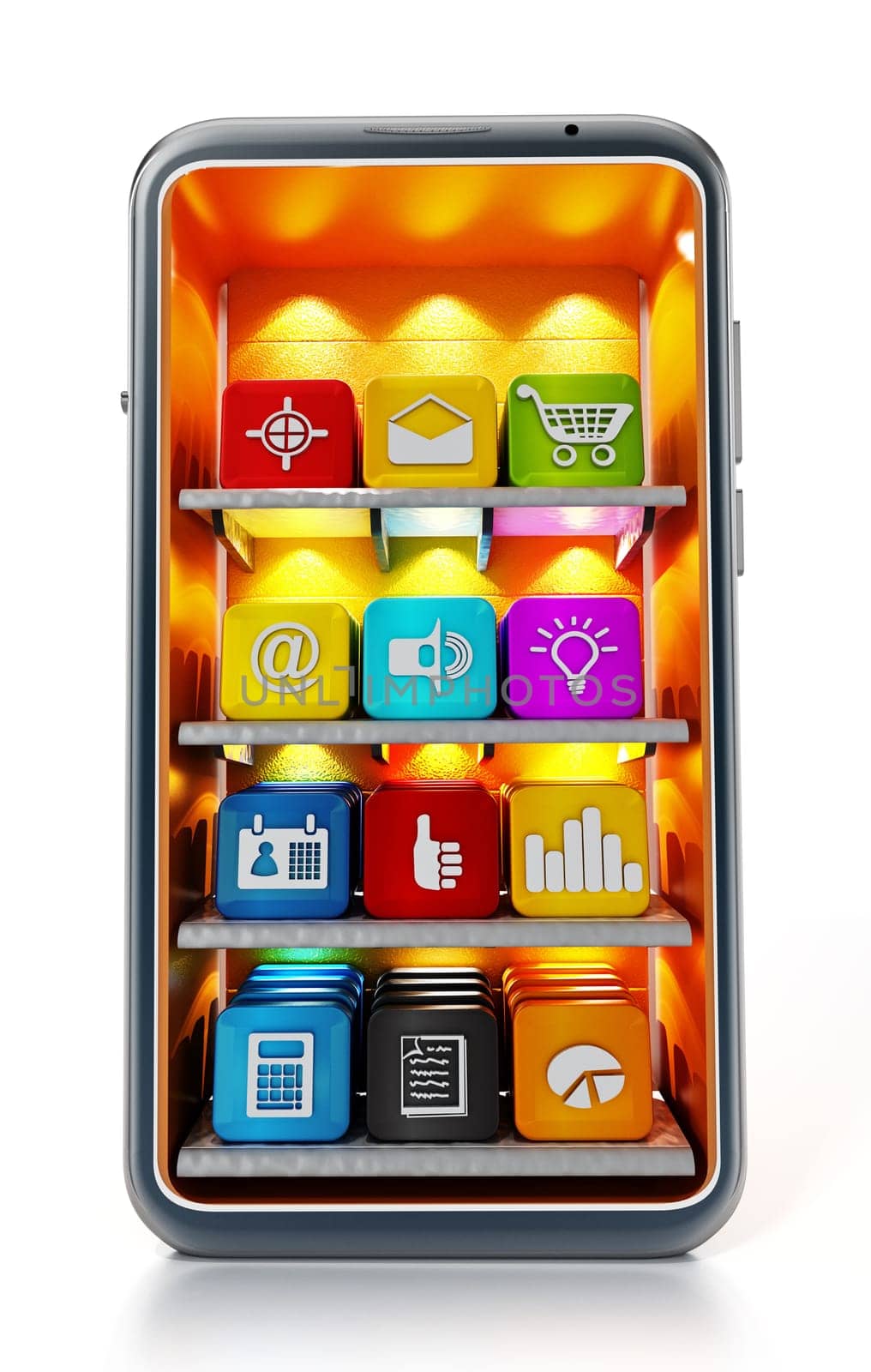 Smartphone with application softwares on the shelves. 3D illustration.