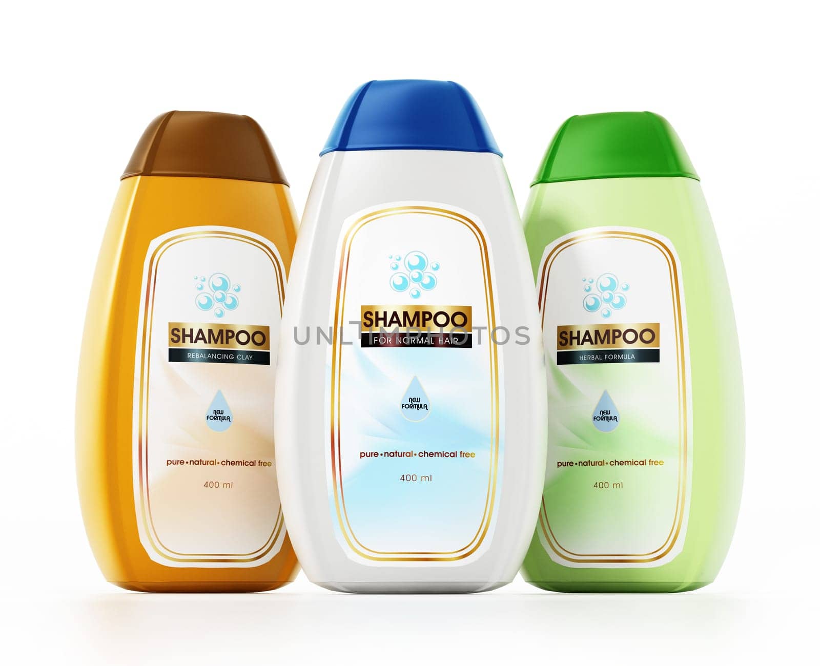 Generic shampoo bottle and label designs isolated on white background. 3D illustration.