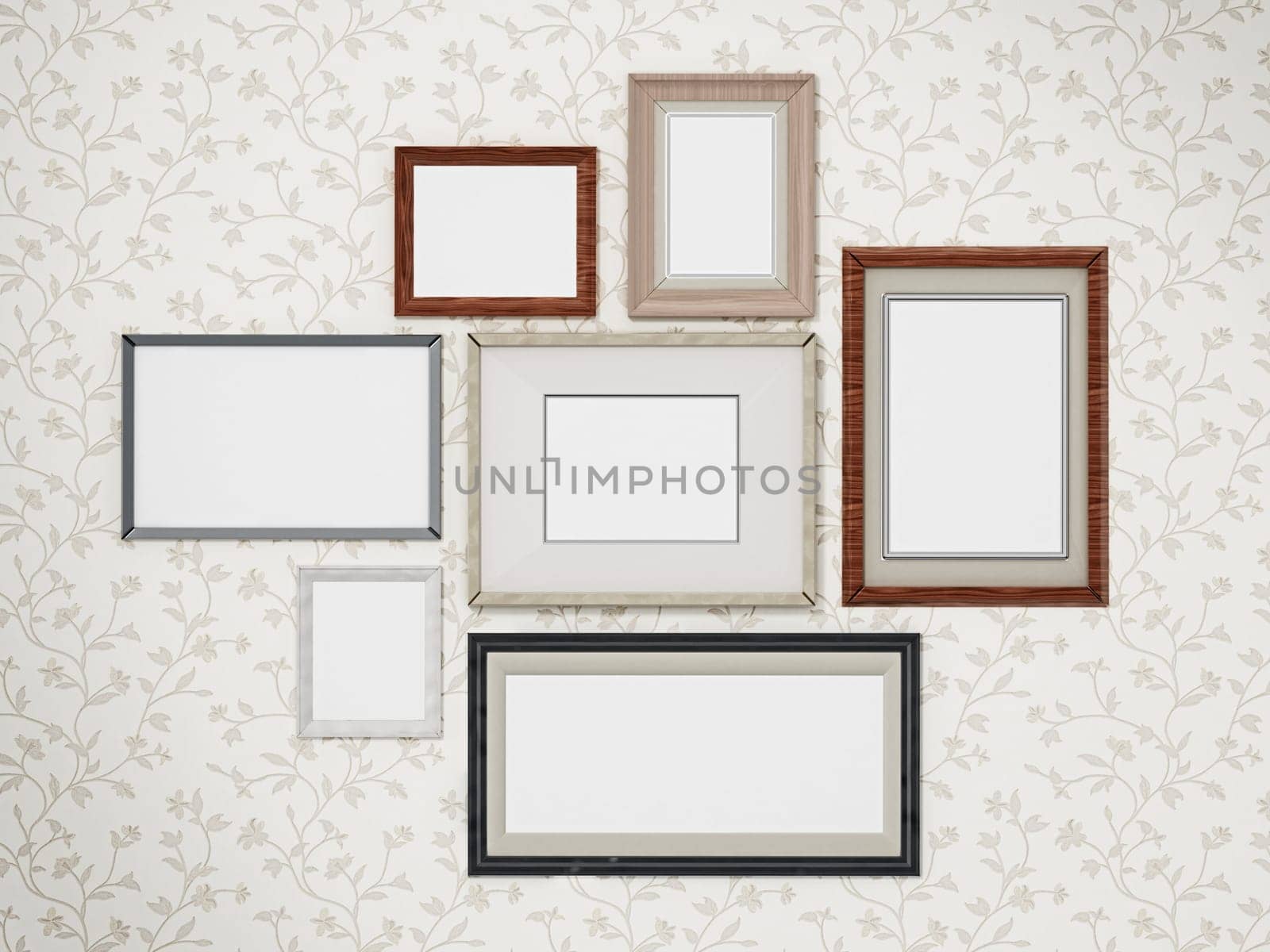 Picture frames arranged on the wall. 3D dimensional.