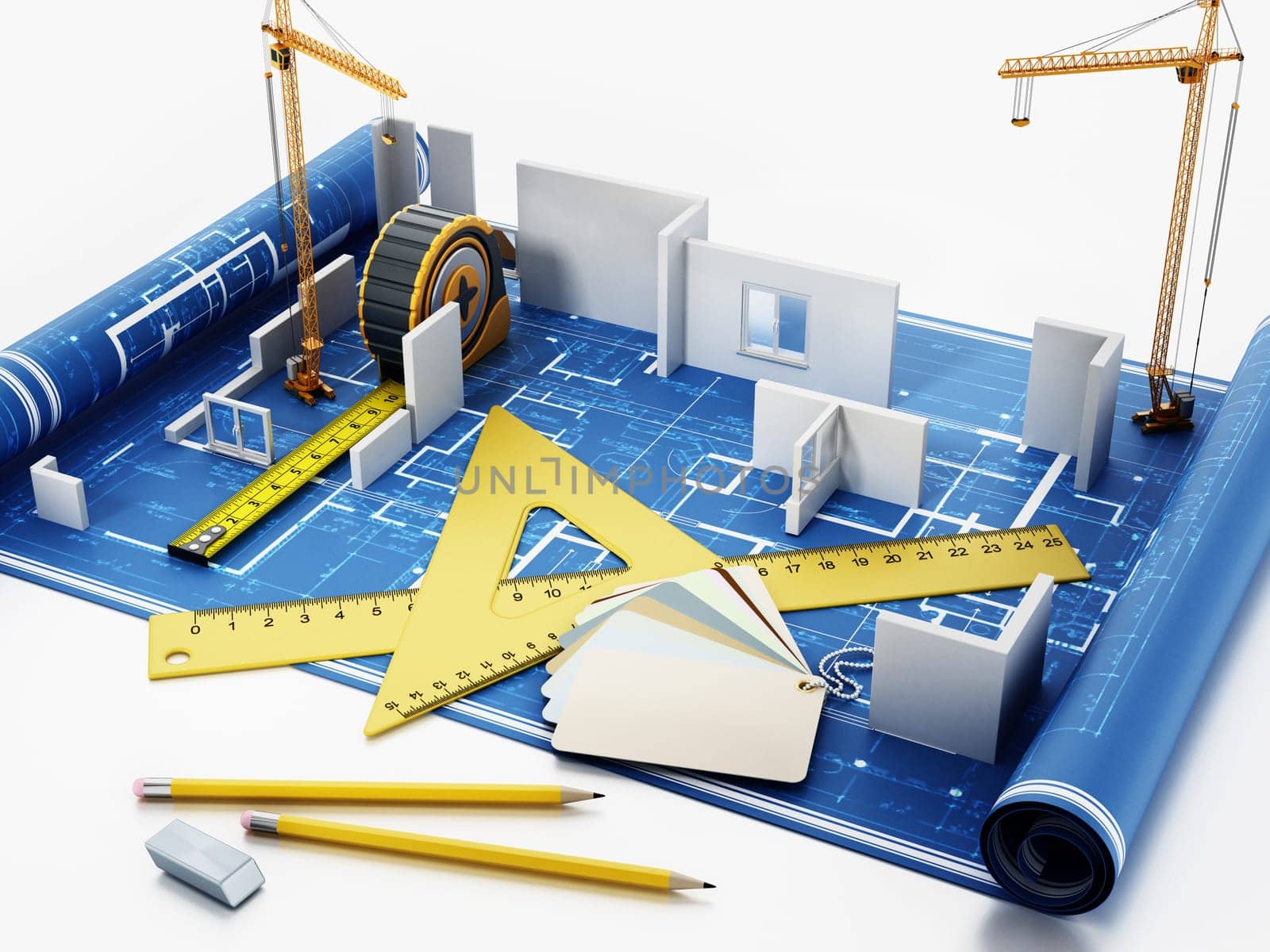 House construction project. 3D illustration.