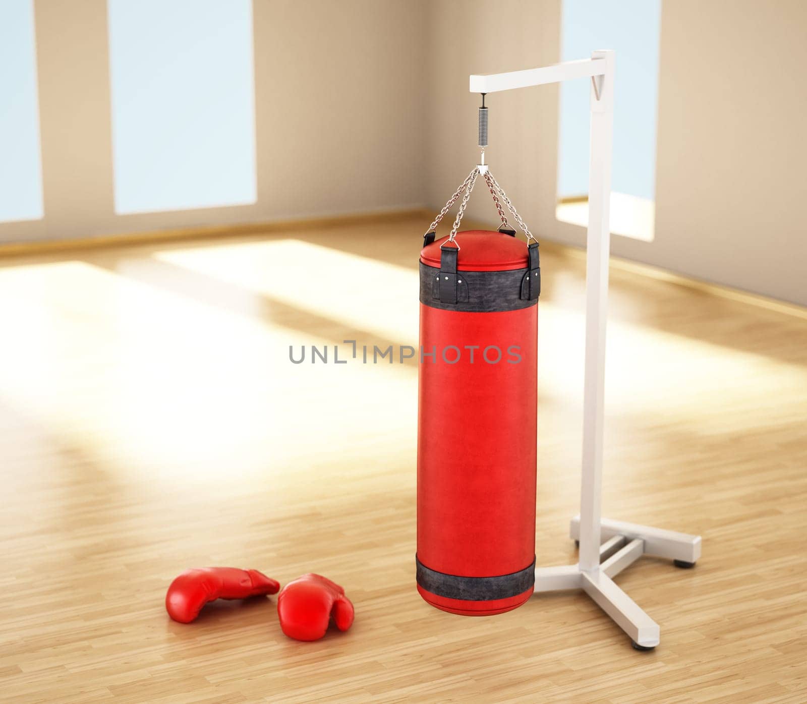 Boxing sandbag hanging on the chain inside a room. 3D illustration.