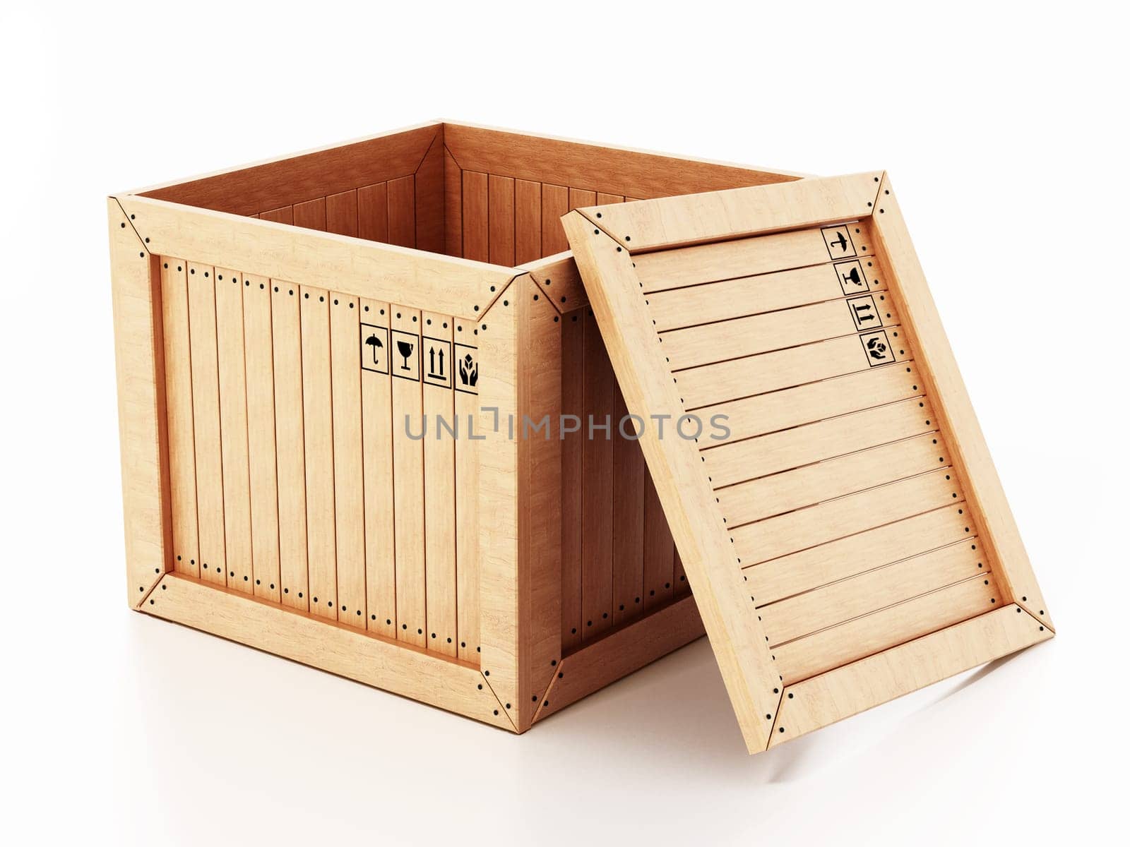 Open transport crate with lid isolated on white background. 3D illustration.