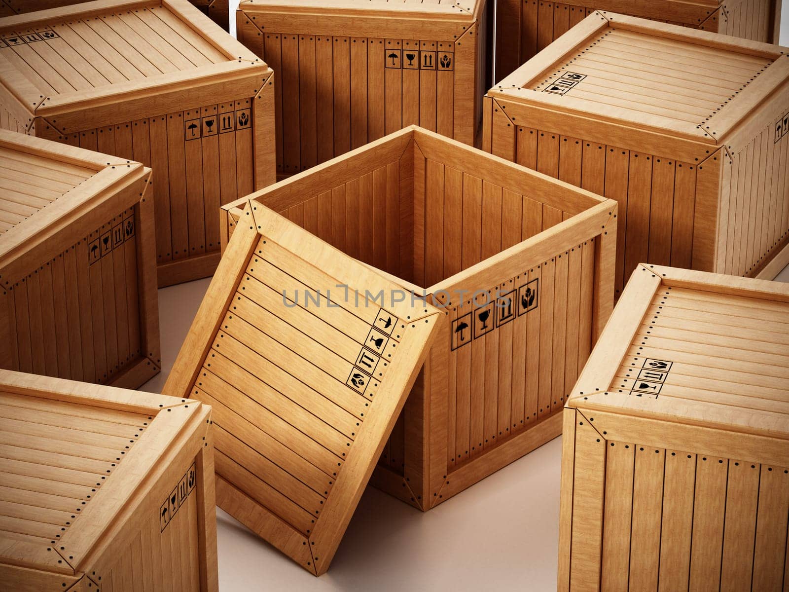 Group of transport crates with one open crate at the center. 3D illustration.